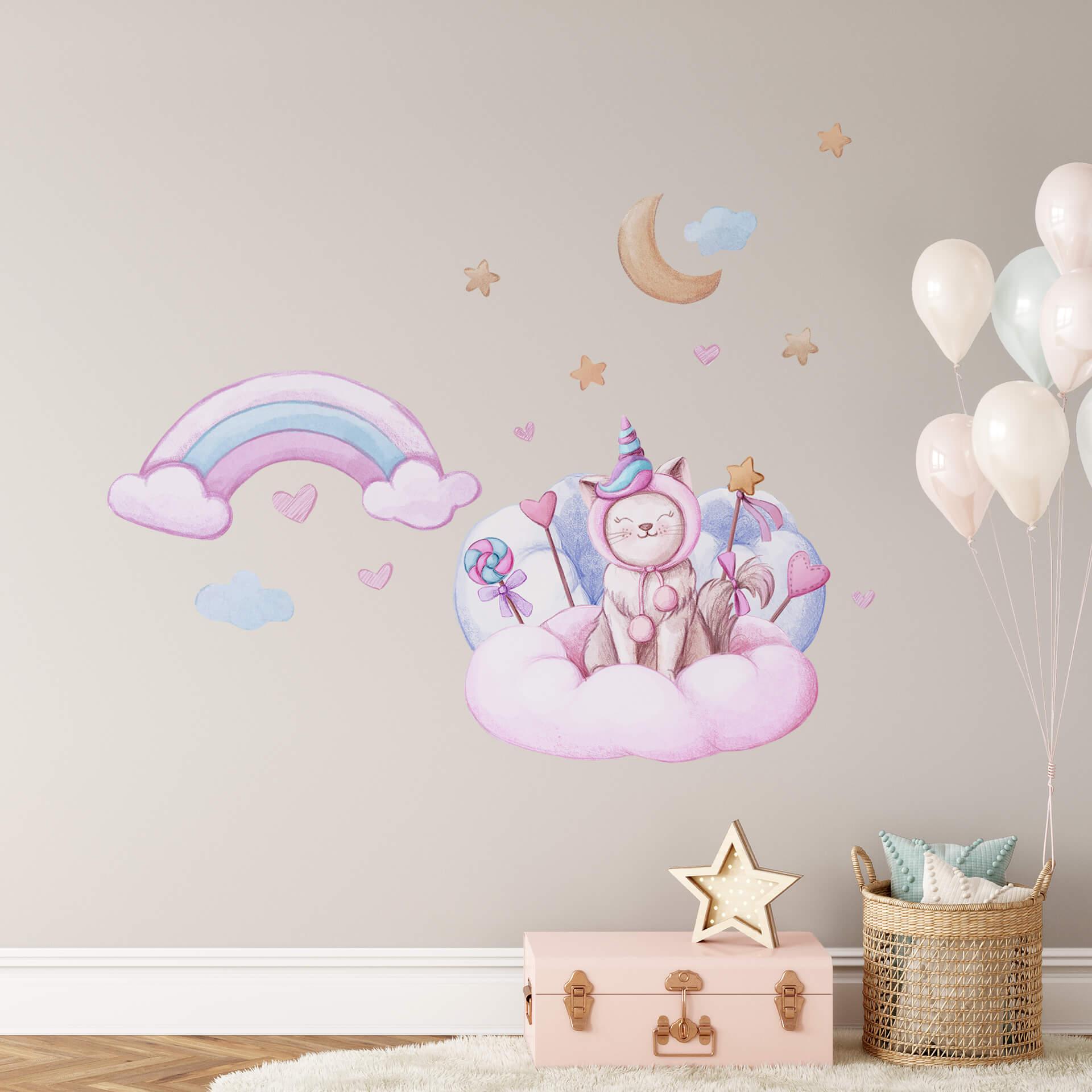 Wandtattoo Thai - Einhorn-Kätzchen auf der Zuckerwolke (14-tlg.)