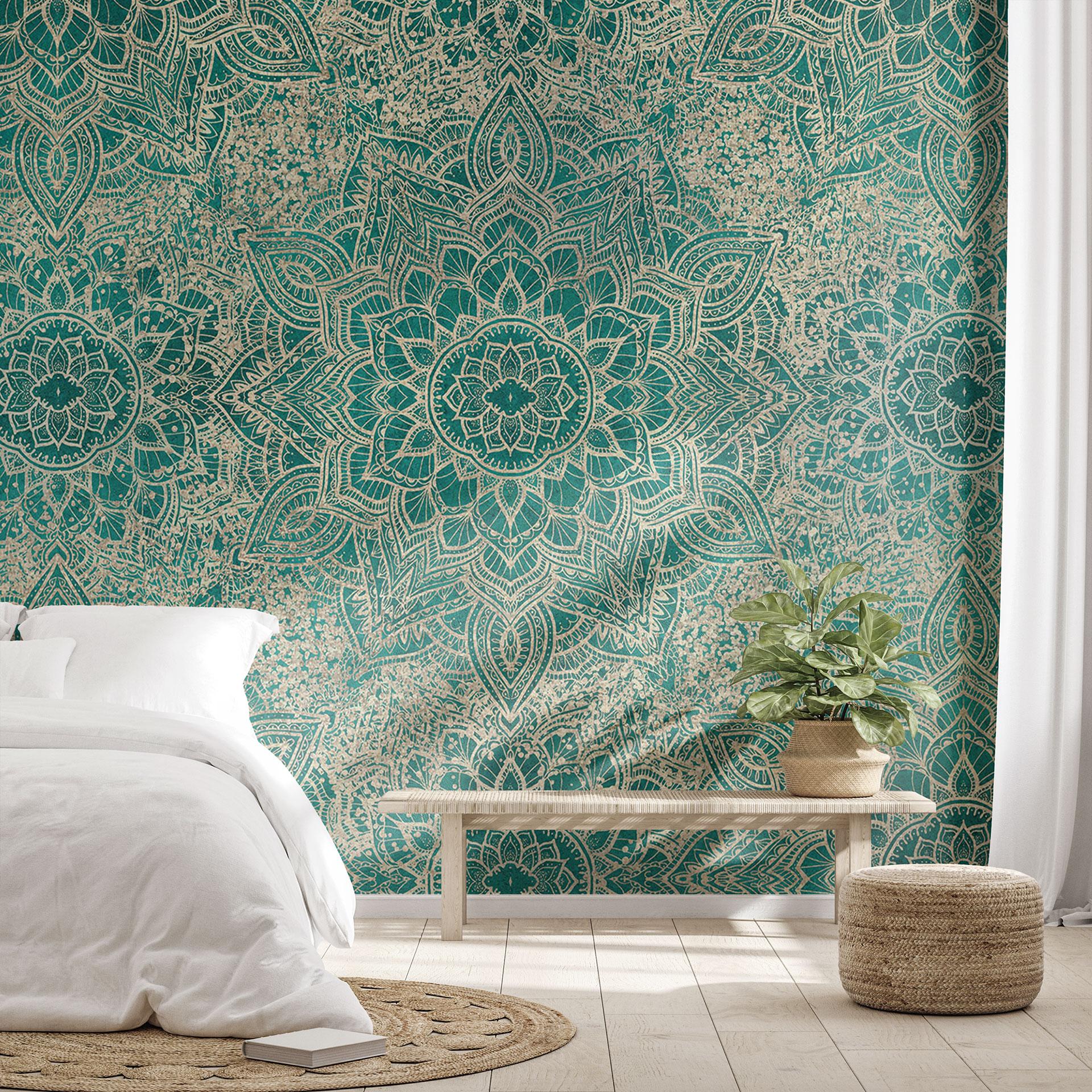 Ornamenter Mandala Boho Guld-grøn Fototapet - Bloomery Decor