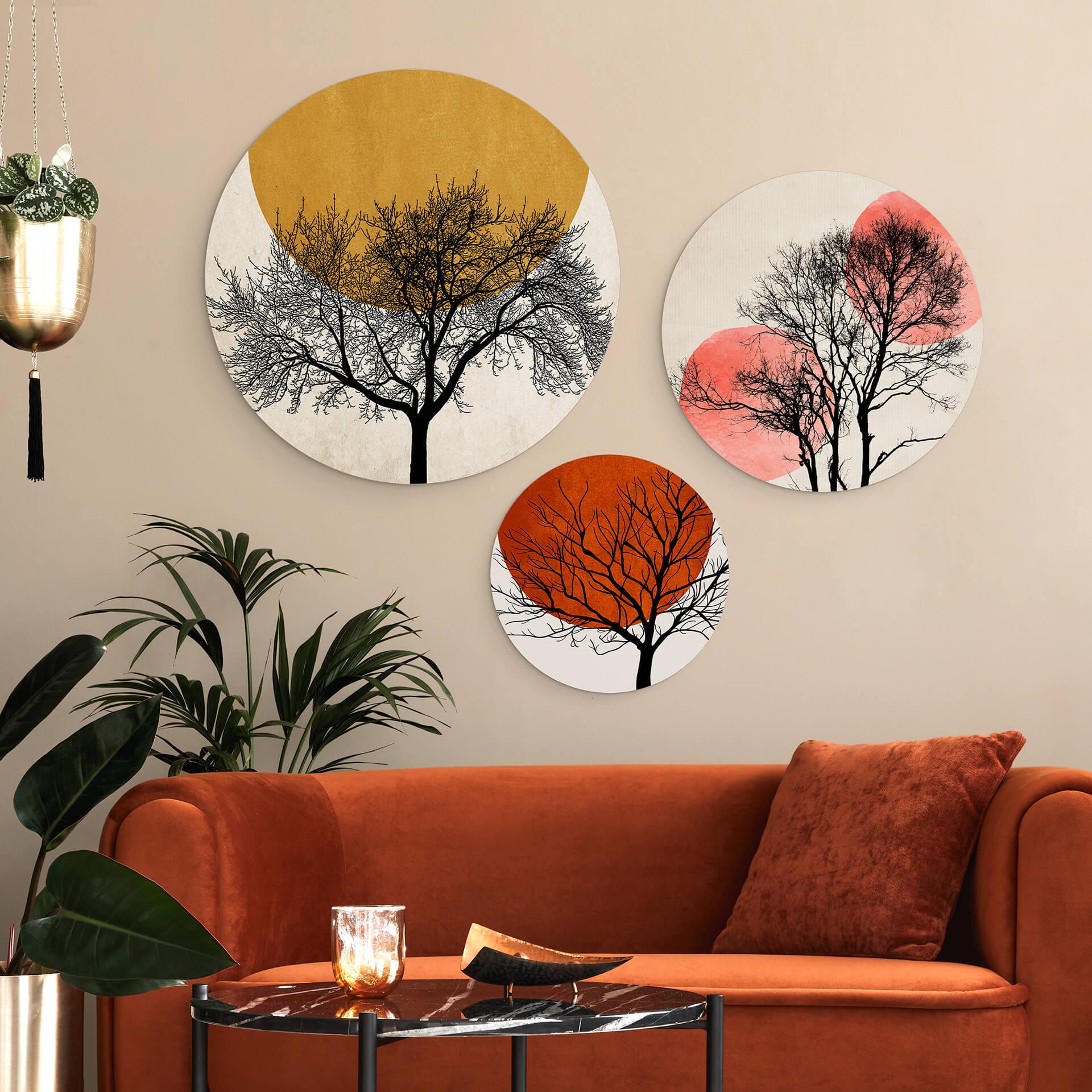 Tableau alu-Dibond Kubistika Coucher de soleil chaleureux - Rond (3 parties)
