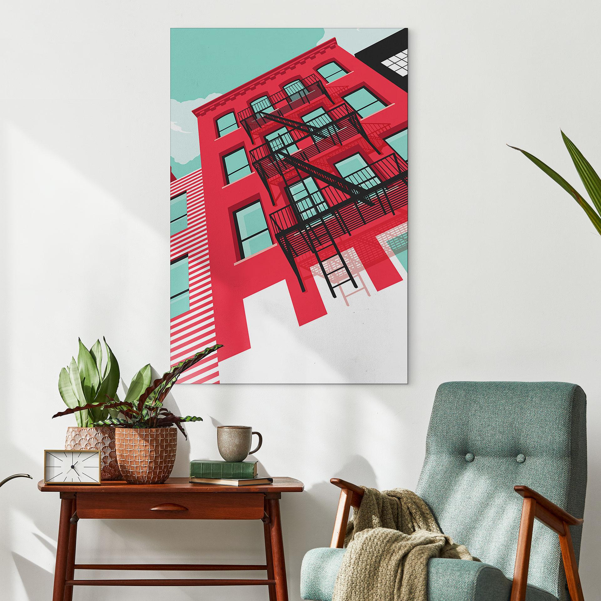 Wandbild Rote Fassade mit Feuertreppe in New York - Heemskerk - Alu-Dibond