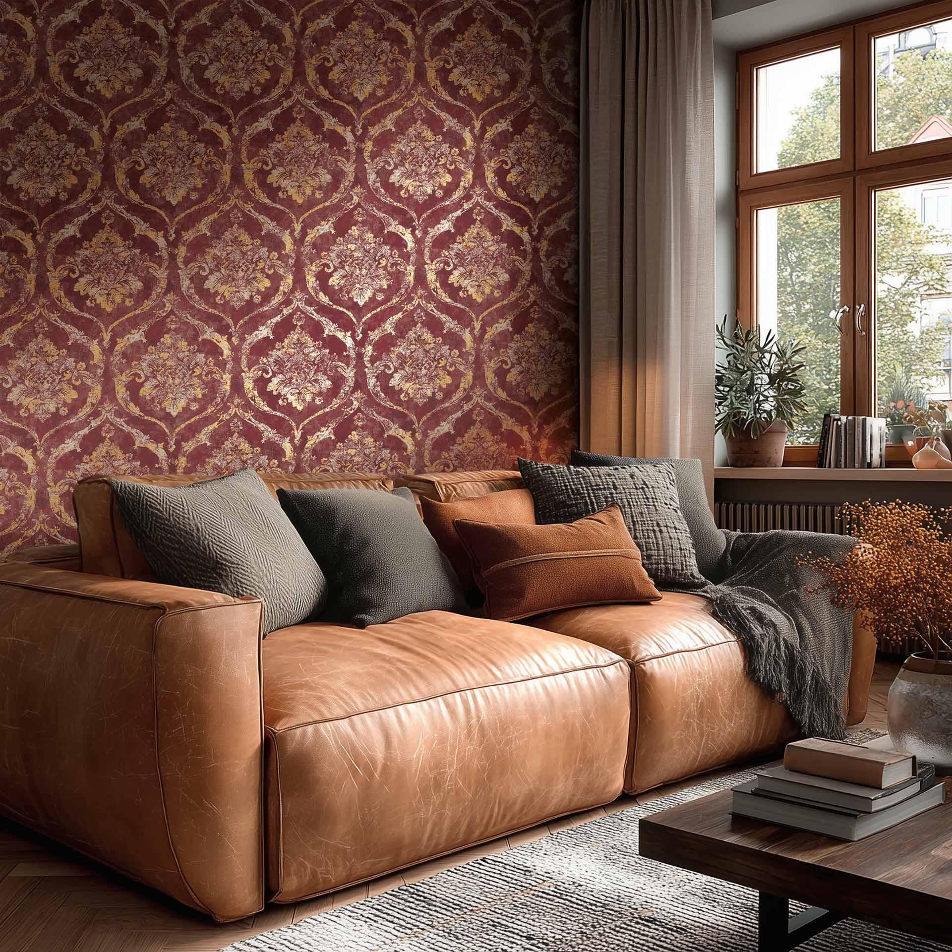 Ikke-vævet tapet Davide Ornament Red Metallic - Maison Du Temps Neoklassisk stue gang køkken