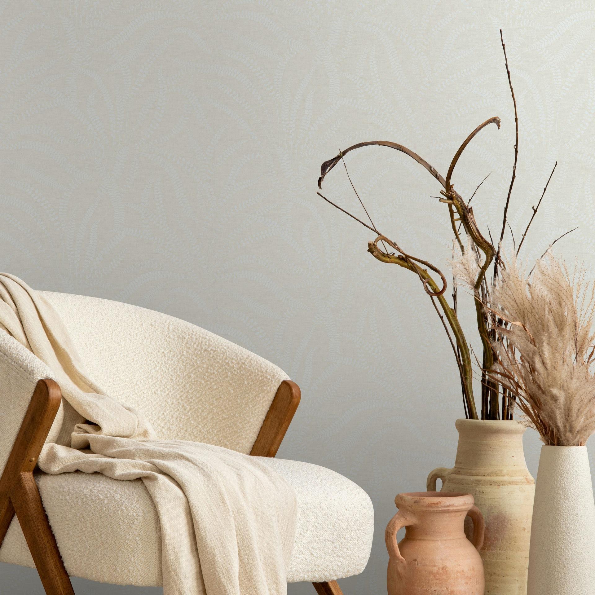 Vliesbehang bladeren, ranken bloemen natuur in wit beige