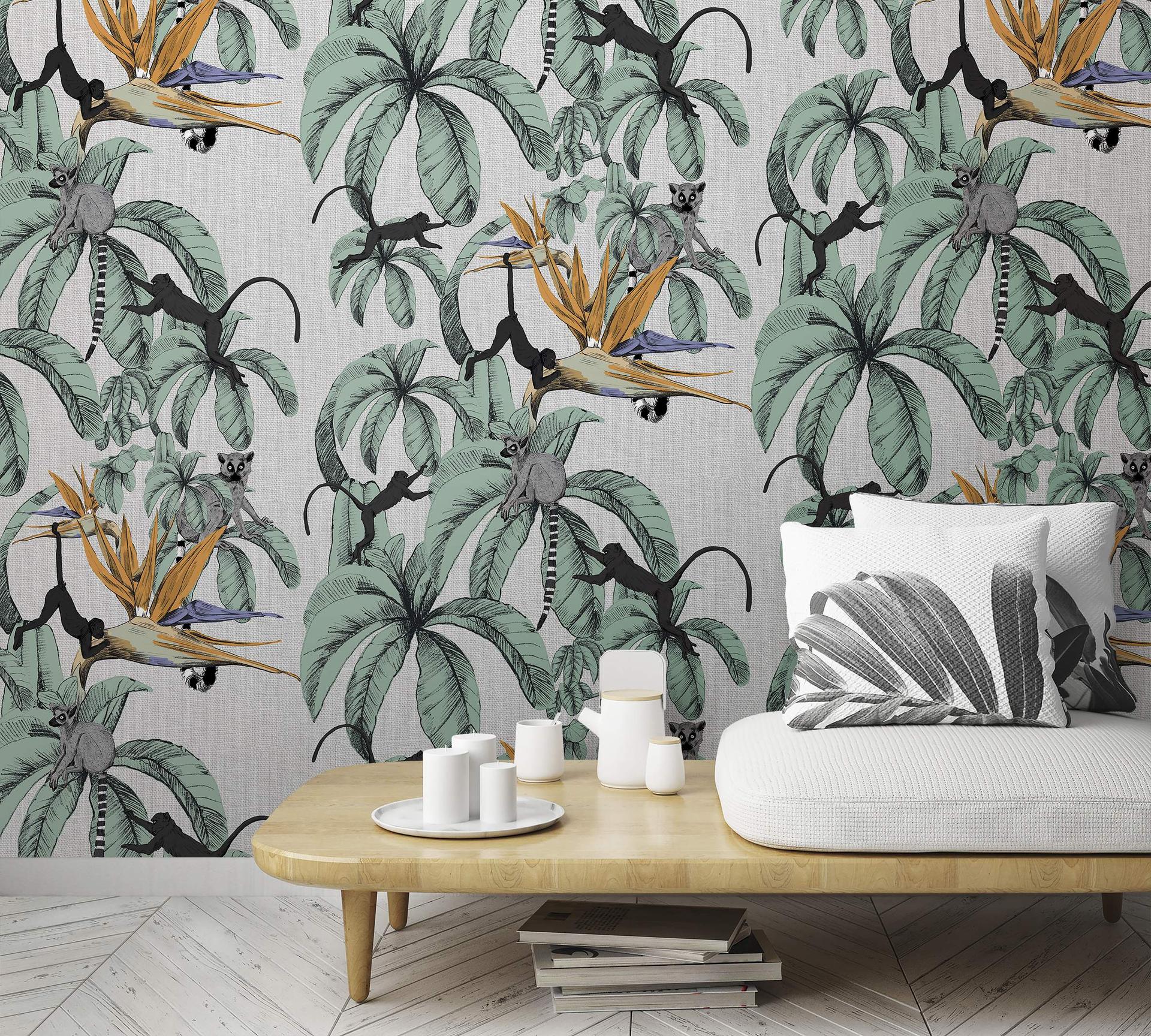 Fototapet med aber og planter, grå illustration 2.70 x 2.12 m