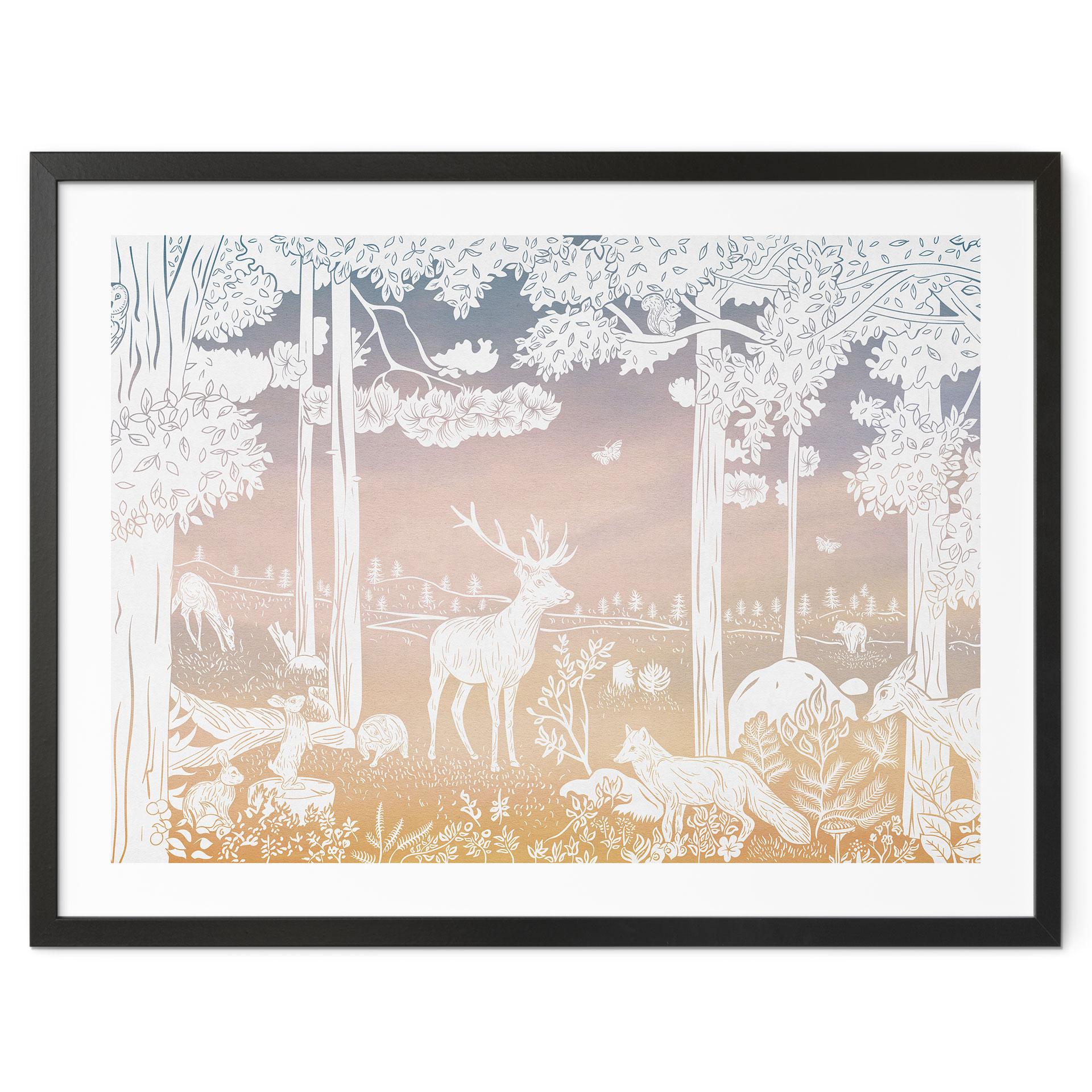 Plakat Fredfyldt skov med hjorte og ræve - Ombre - Kikki Belle