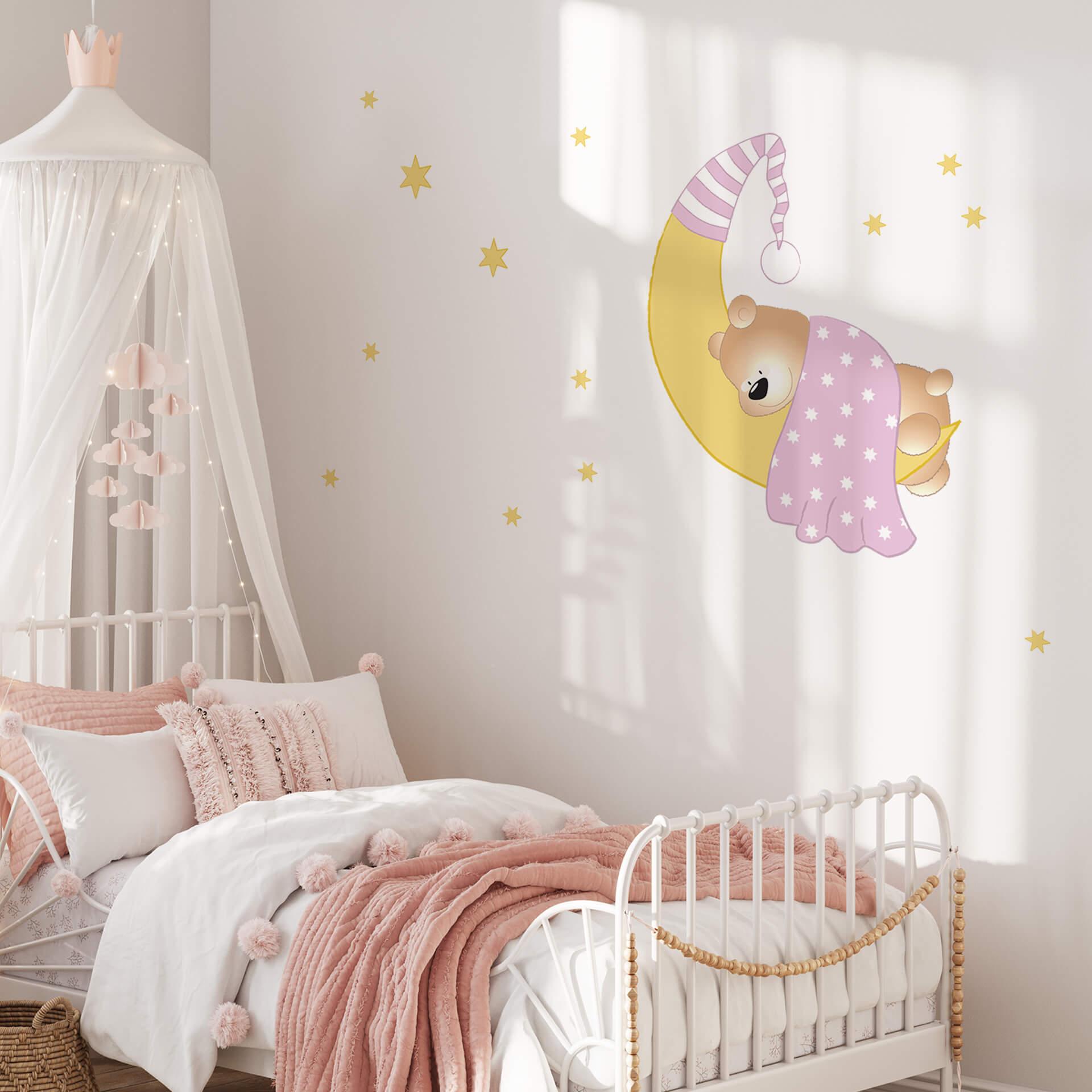 Sticker mural - Ourson, lune et étoiles (rose)