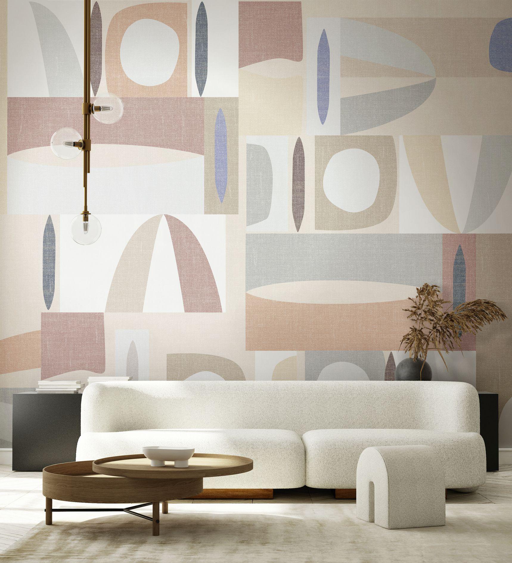 Fotomurale Formas abstractas en beige, rosa y azul en diseño retro 3,4 x 2,65 m