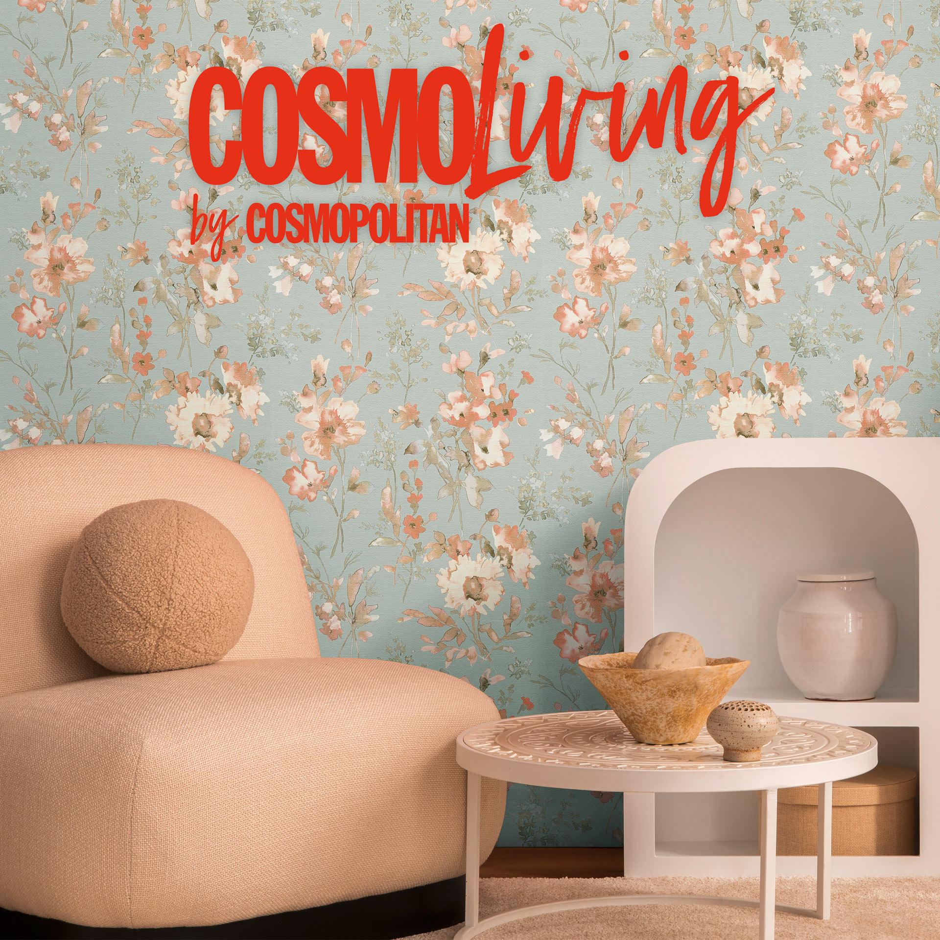 COSMOPOLITAN Vintage tapet akvarelblomster abrikosblå - Ikke-vævet tapet pastel