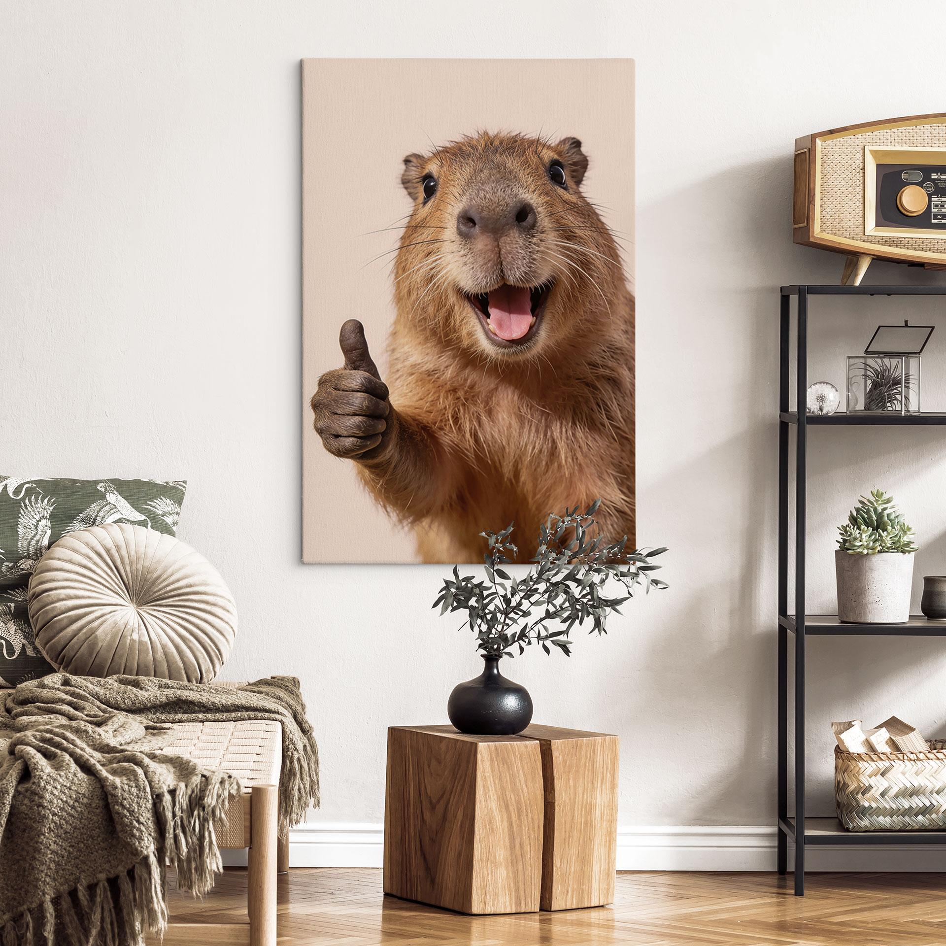 Glad Capybara Canvasbillede med tommelfingre op