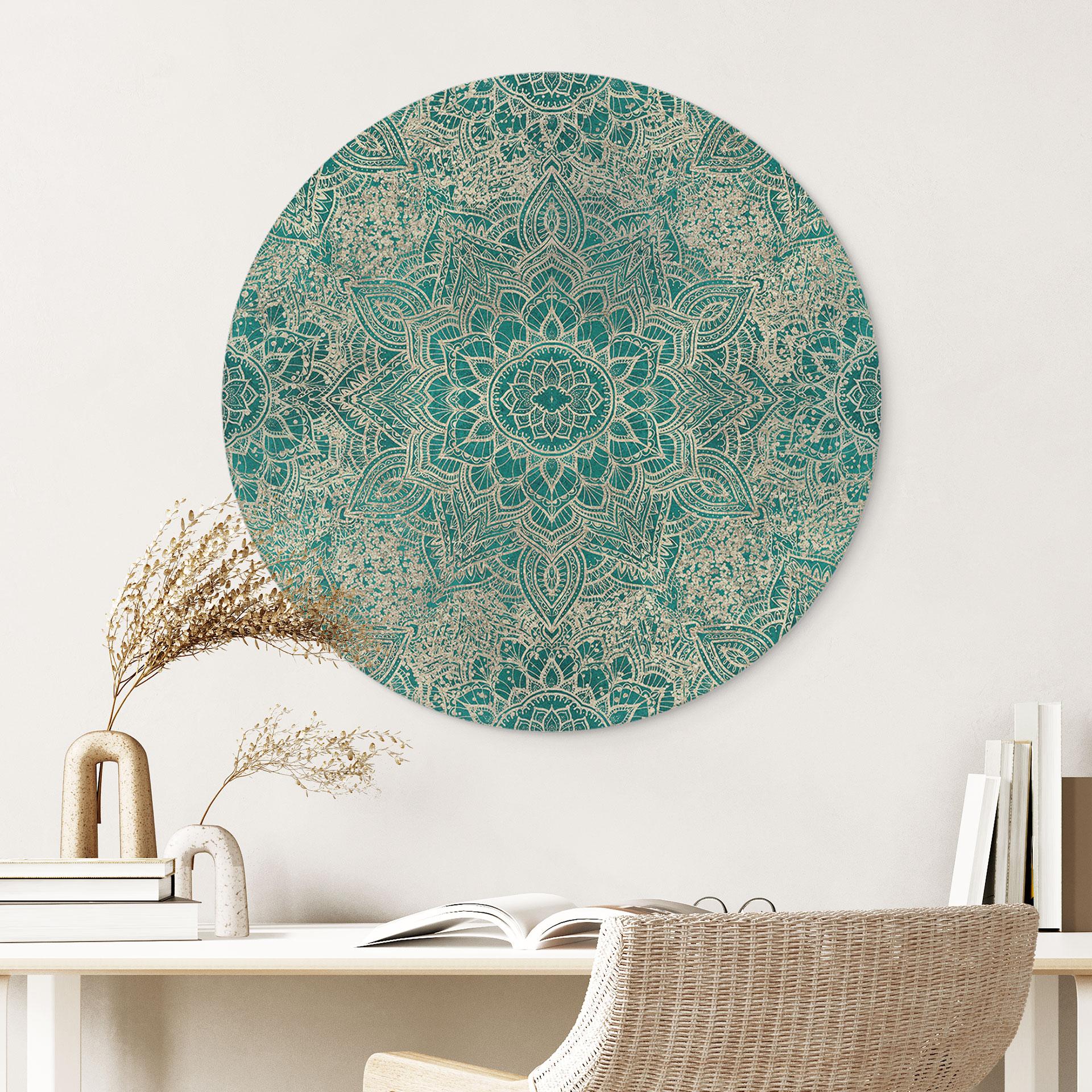 Billede Mandala Boho Guld-grøn - Bloomery Decor - rund – print på aluminium (Alu-Dibond)
