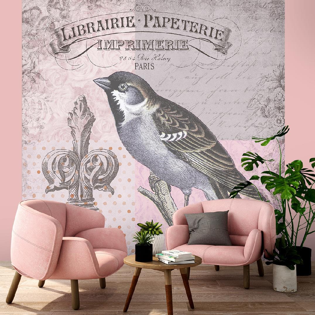 Fototapete, Vogel Natur auf rosa Hintergrund Shabby Chic - Andrea Haase