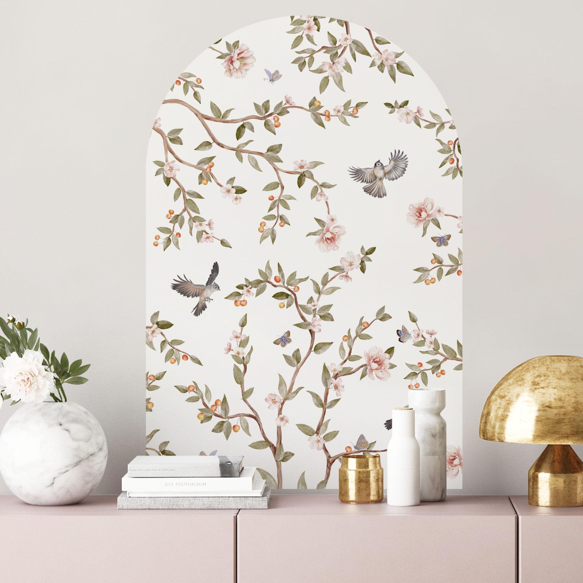 Wallsticker rundbue vægpanel rosenbusk med fugle - Kikki Belle - bred