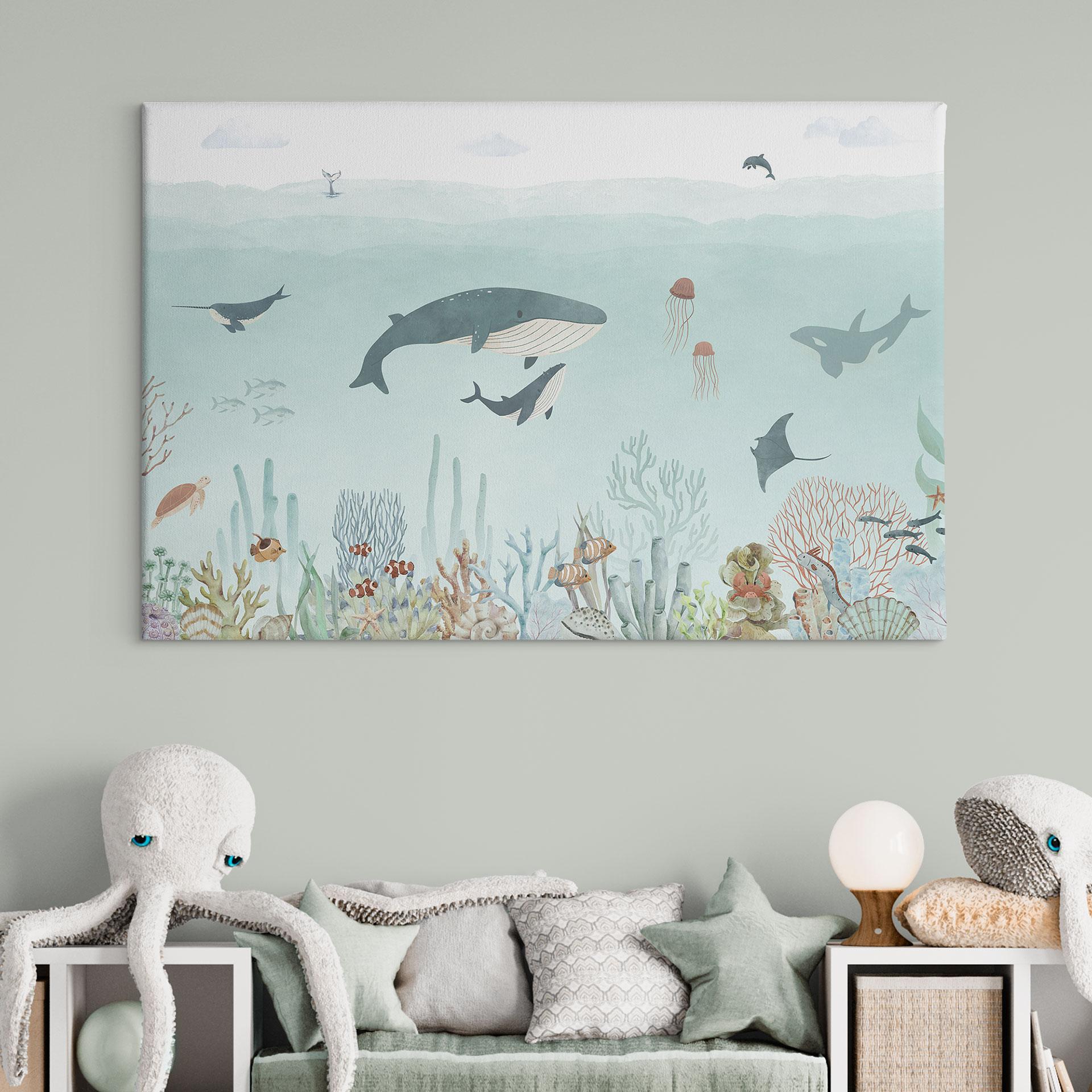 Canvas schilderij Onderwateravontuur met zeedieren - Blauw - Oliver Robins