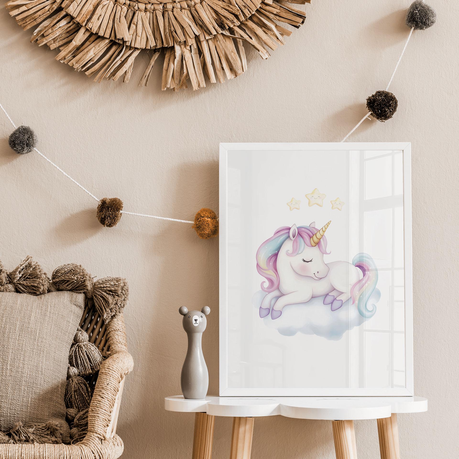 Poster met sterren van een slapende eenhoorn | Schattig mythisch wezen voor de kinderkamer