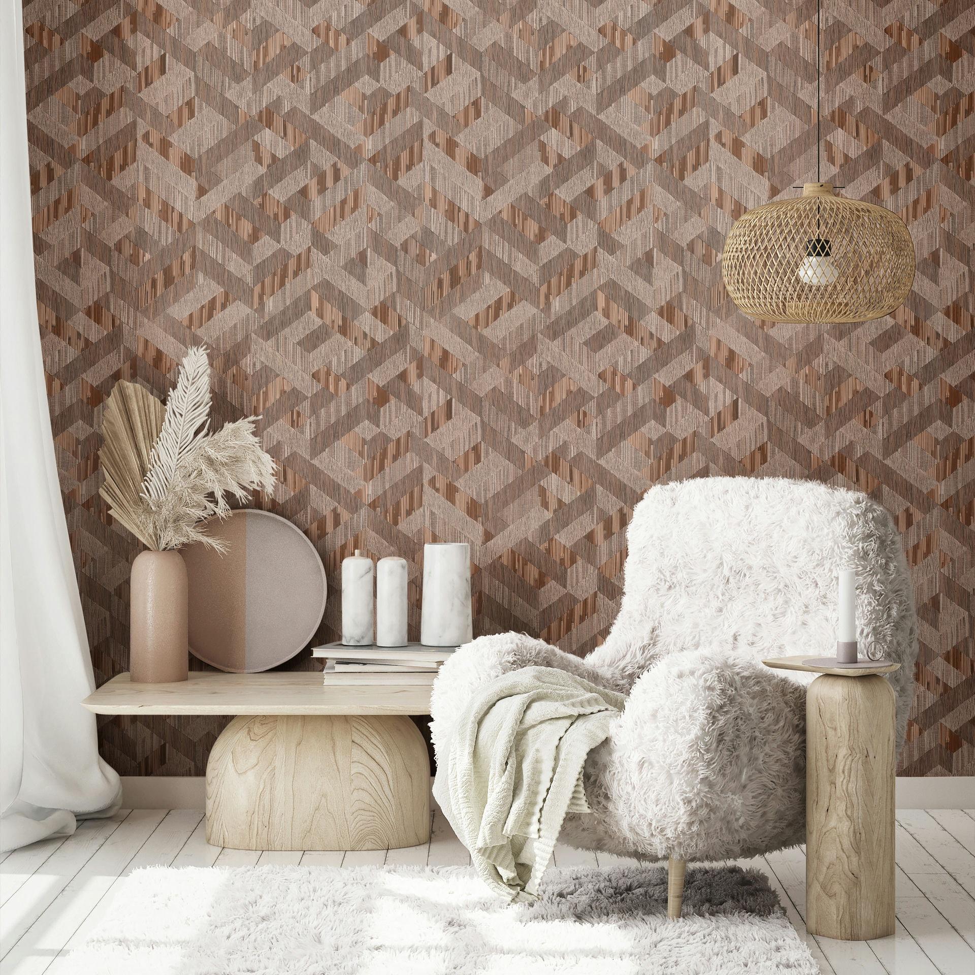 Vliesbehang 3D look houteffect landhuis mat in bruin