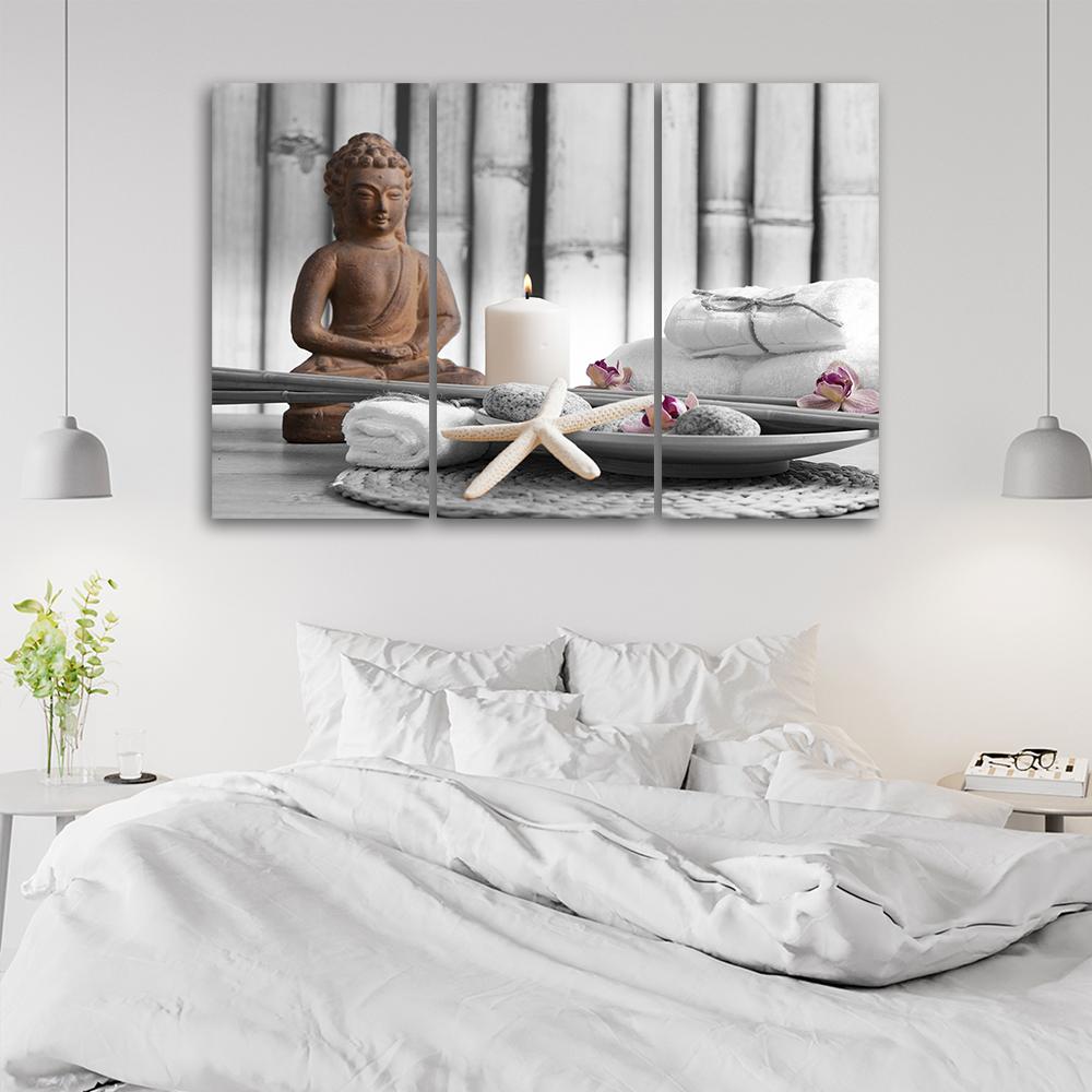 3 stykke lærredstryk, Buddha Zen Spa grå