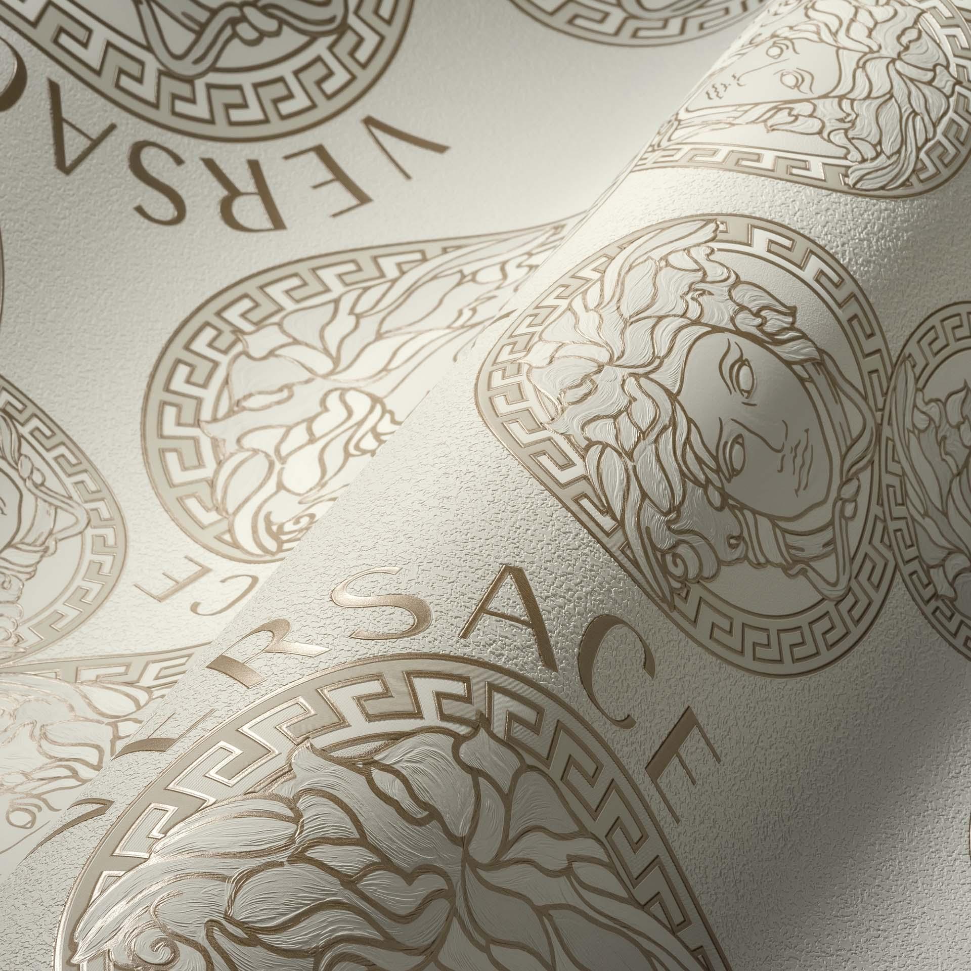 Versace Home Luxe Behang Medusa Hoofd Wit en Parelgrijs