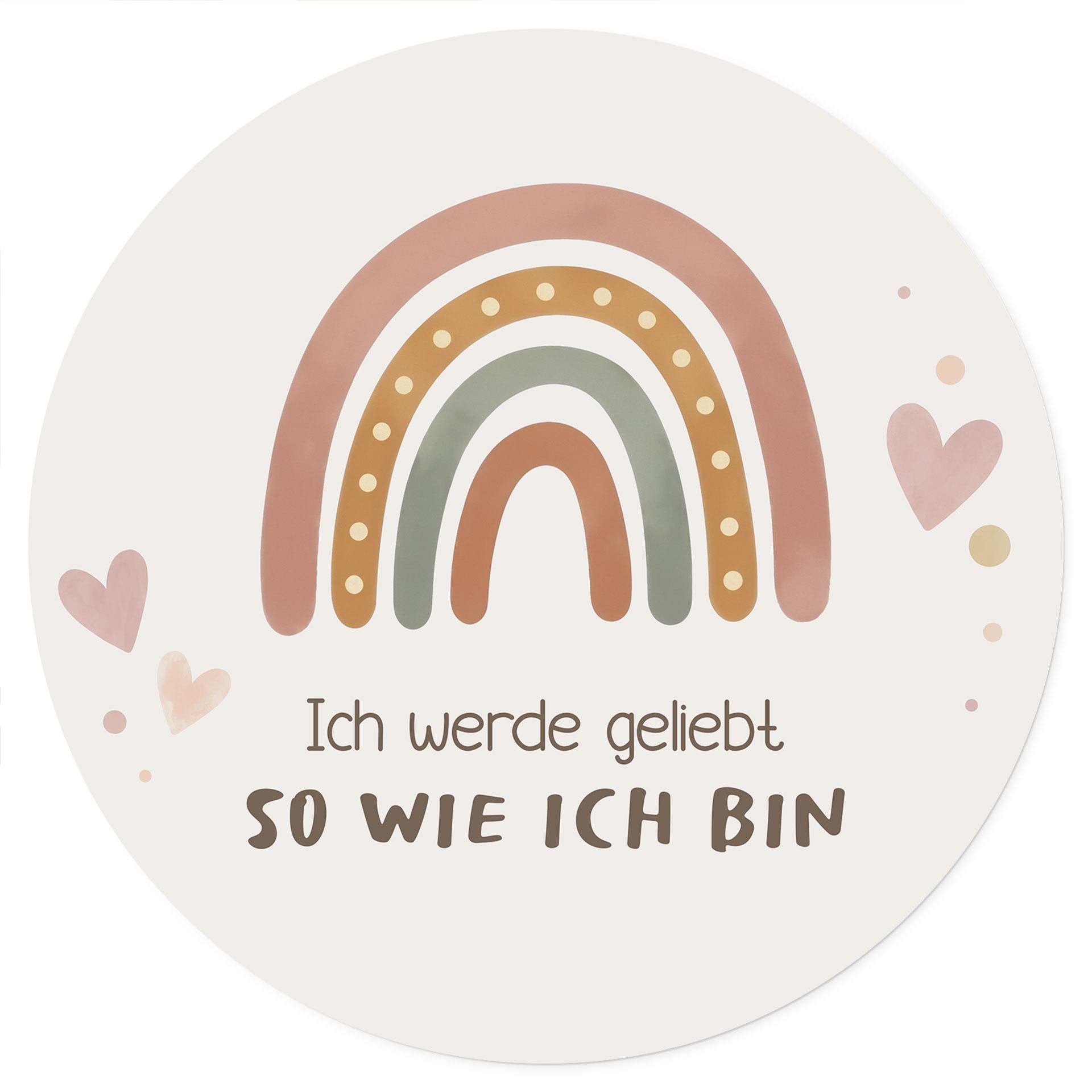 Rundes Wandtattoo mit Boho-Regenbogen - Kraftsatz 'Ich werde geliebt' fürs Kinderzimmer