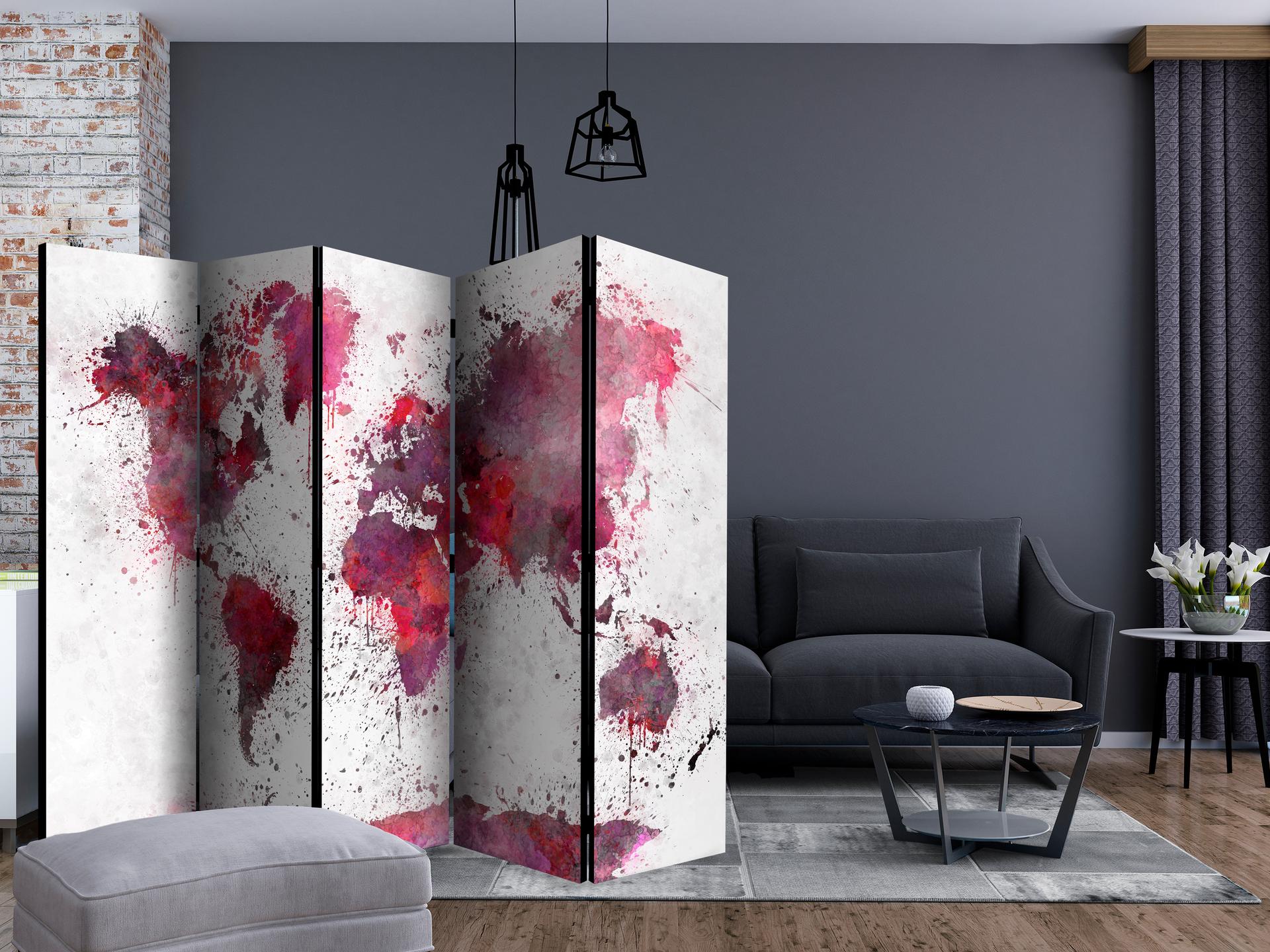 Divisorio - Mappamondo: acquerelli rossi , 5 pezzi - 225x172 cm