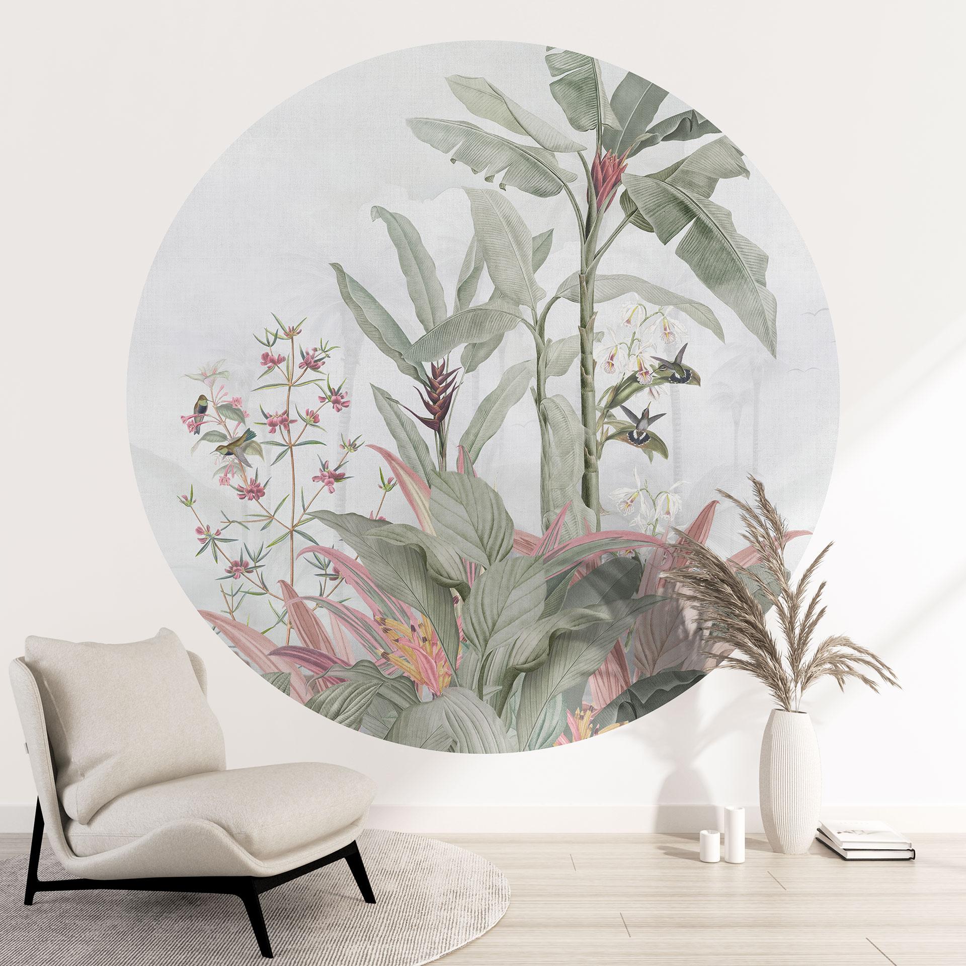 Fototapet med jungle Tropisk idyl med kolibri blå - Bloomery Decor - Rund - selvklæbende/ikke-vævet