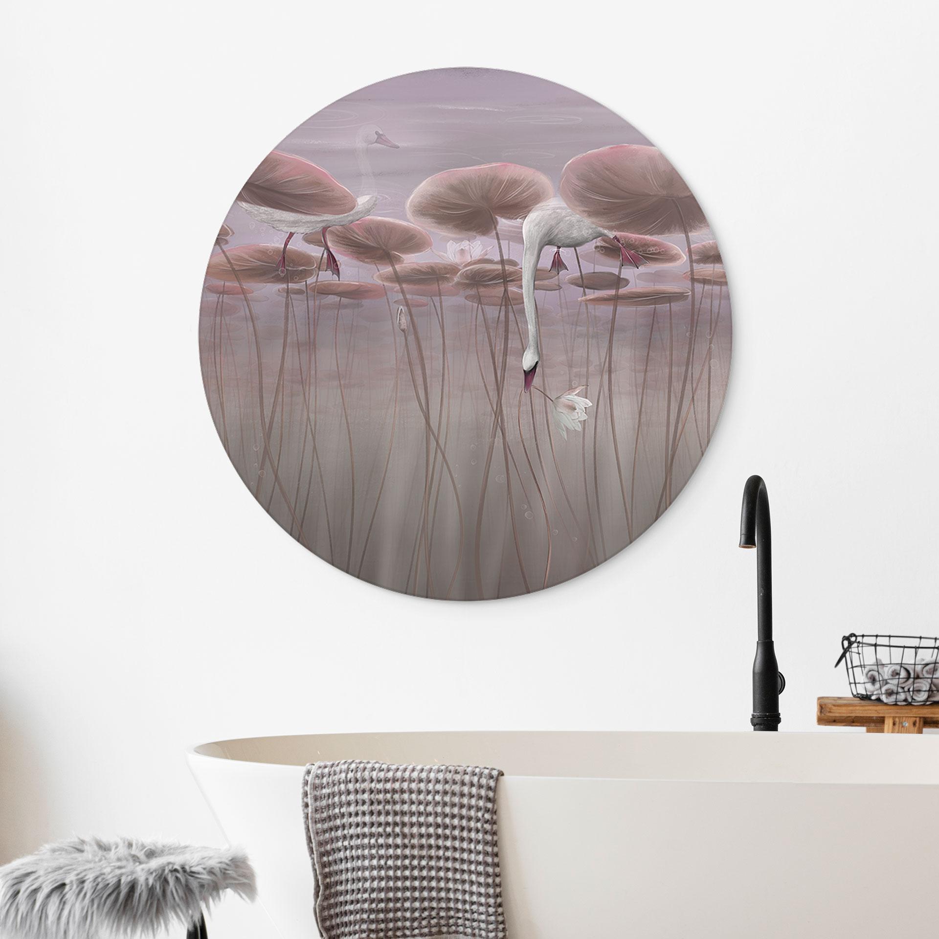 Wandbild Lotusblumen mit Schwan im Wasser in Altrosa - Ms Tiff - Alu-Dibond Rund