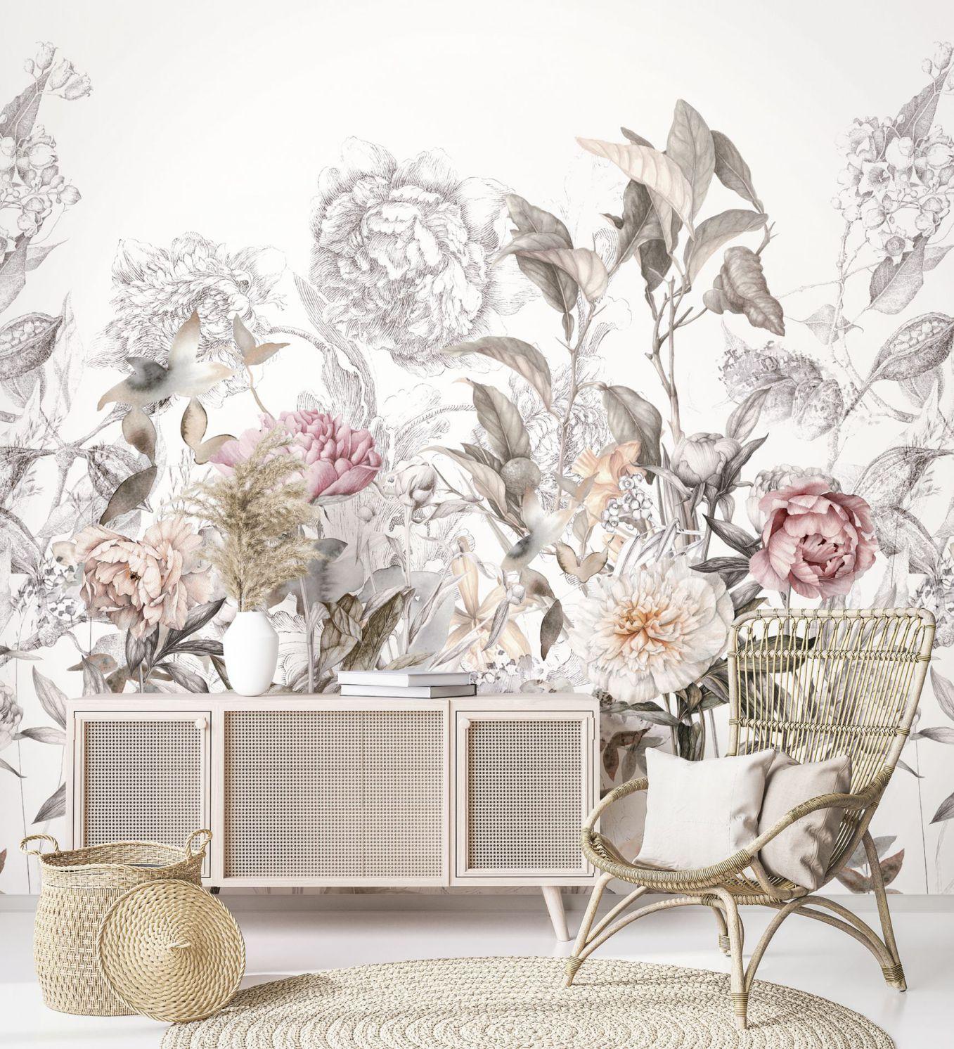 Fotomural con motivo Delicadas flores vintage en gris y rosa 3,4 x 3,18 m
