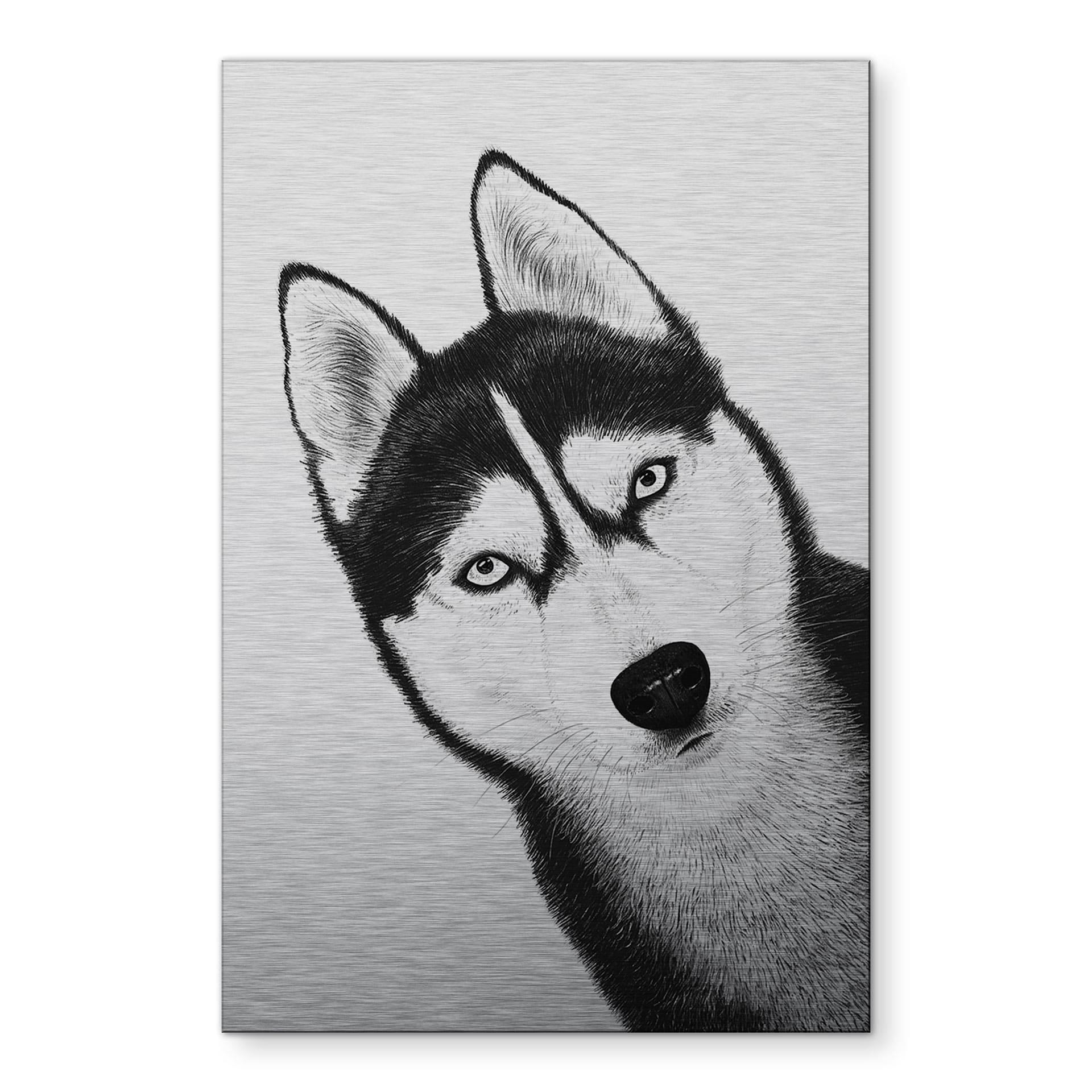 med sølveffekt Siberian husky - hundeportræt - Korenkova – print på aluminium