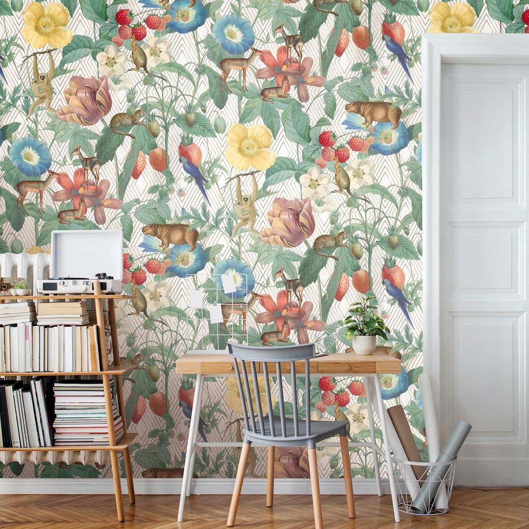 Fotobehang met planten en dieren, beige illustratie 3.40 x 1.59 m