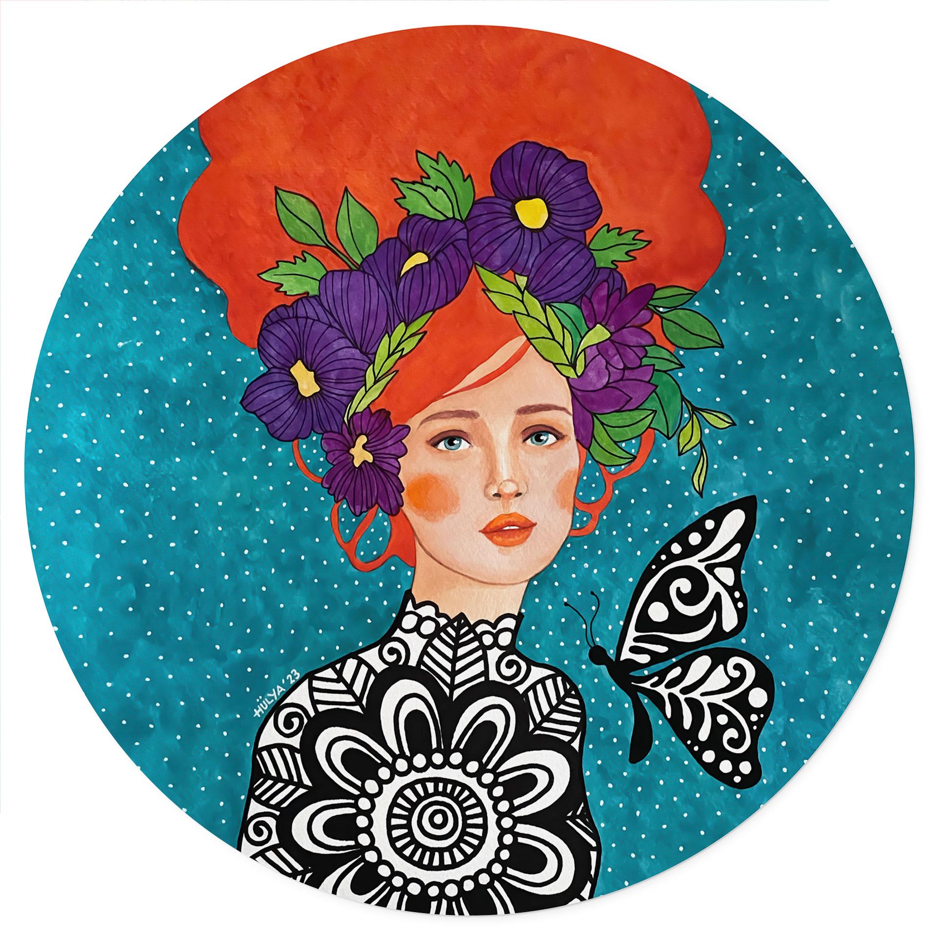 Wallsticker Sommerfuglekvinde med blomsterkrans - Hülya - Rund
