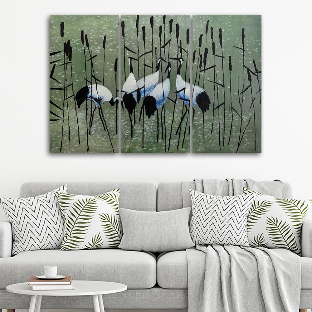 3 stykke lærredsprint, Cranes Birds Water Nature