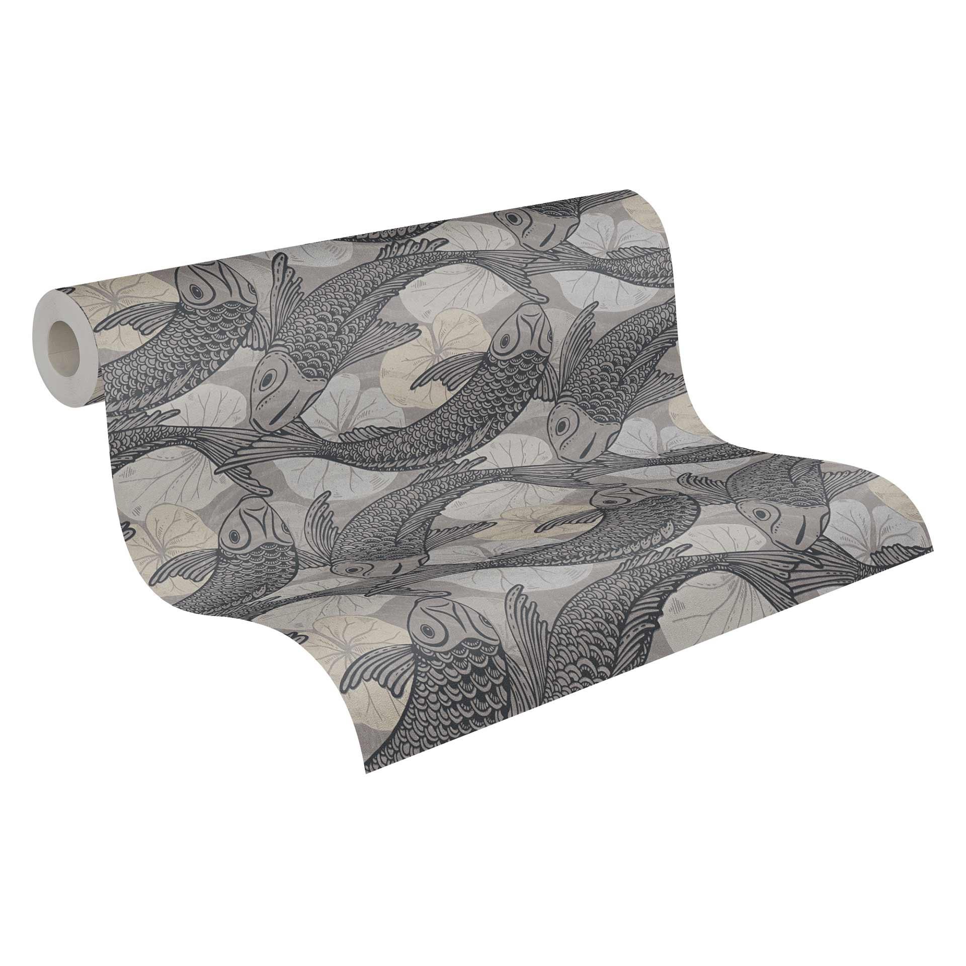 Papel pintado tejido-no tejido Livingwalls Metropolitan Stories papel pintado asiático con koi Mio Tokyo gris, negro