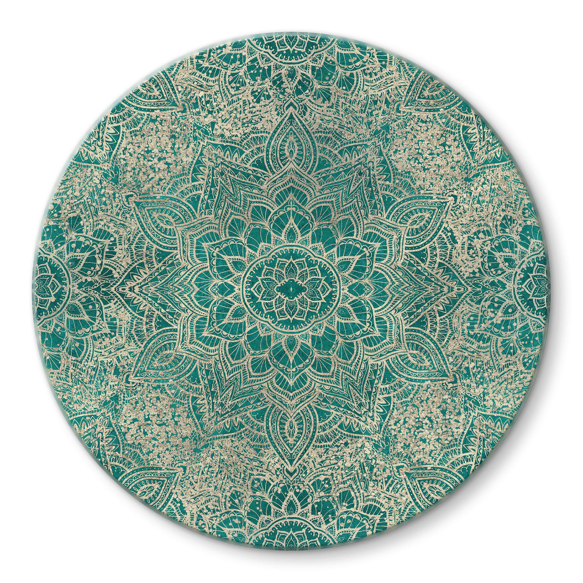 Glasbillede - Mandala Boho Guld-grøn - Bloomery Decor - Rund