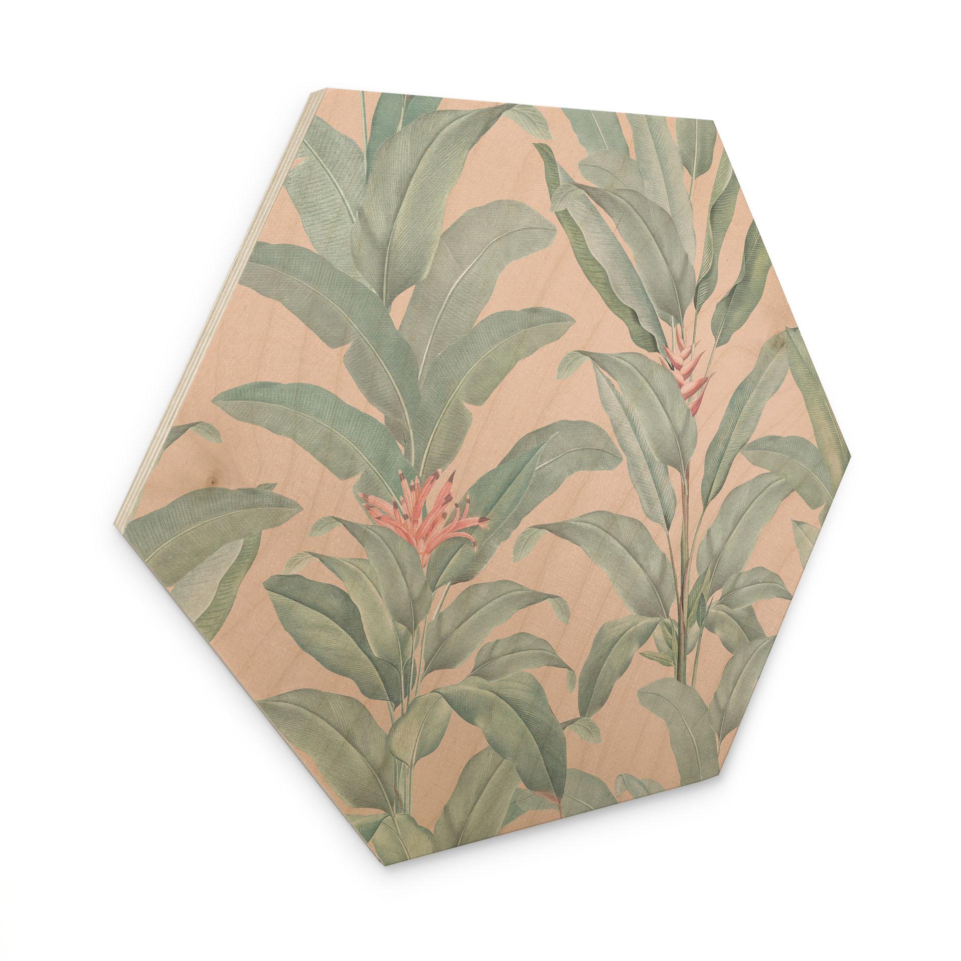Sekskantet billede af træ Urban Jungle Tropical Leaves Pink - Bloomery Decor