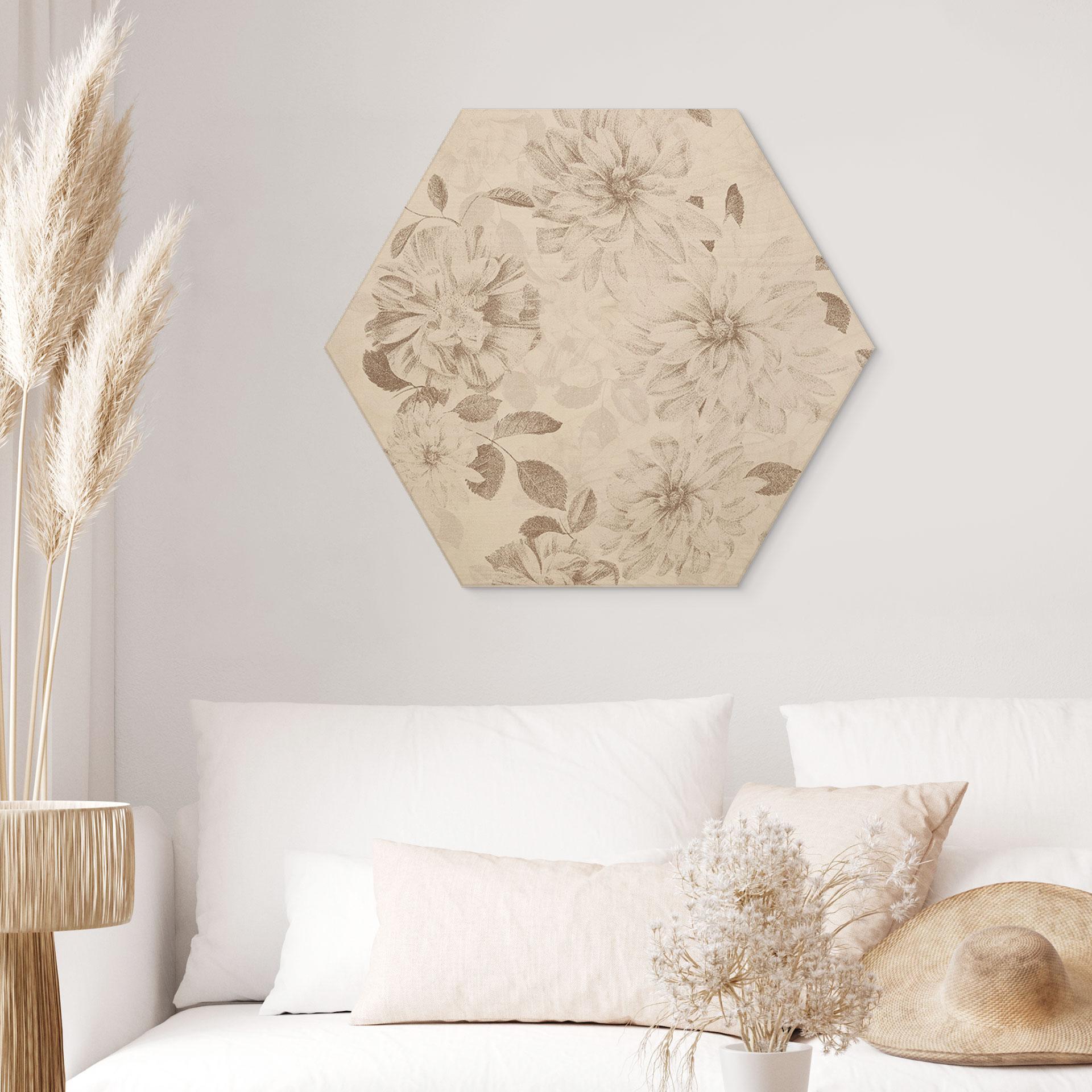 Sekskantet billede af træ Dahliaer Shabby Chic Beige - Bloomery Decor