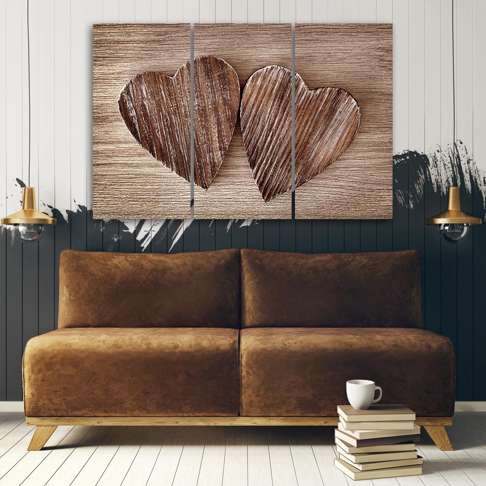 3 stykke lærred Print Heart Wood Brown Retro Shabby