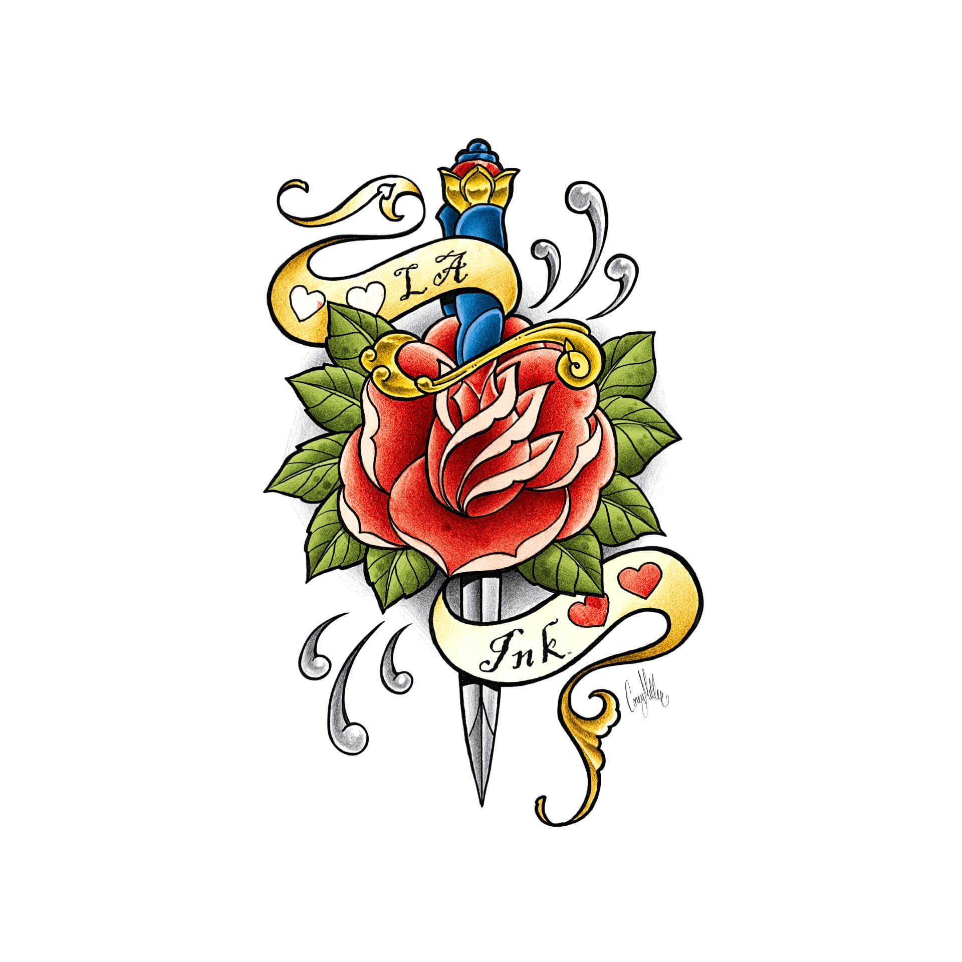 Wandtattoo LA Ink Dolch mit Rose