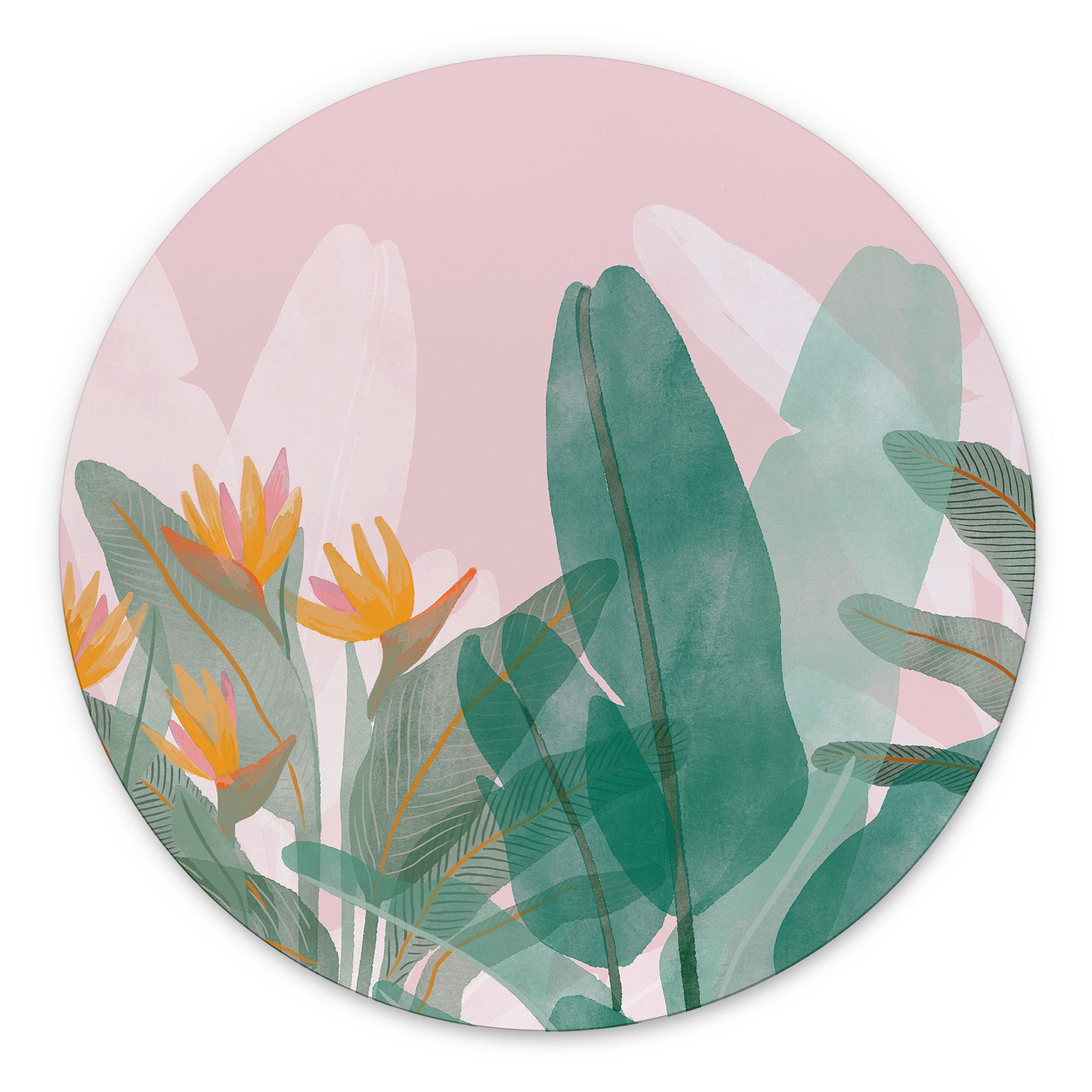 Billede Botanisk illustration i grøn og pink - Goed Blauw - rund – print på aluminium (Alu-Dibond)