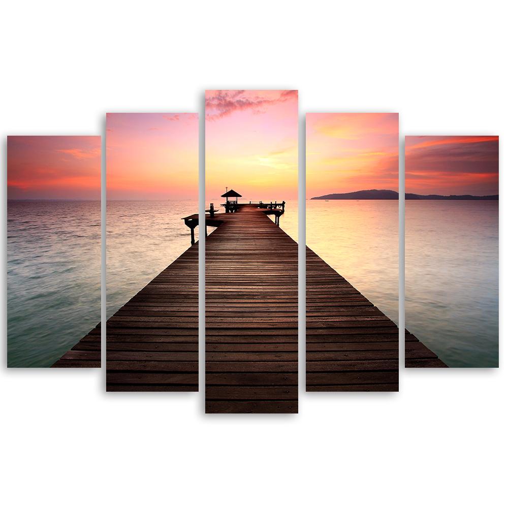 Schilderij op doek 5 stuks, Jetty Beach Sea Sunset