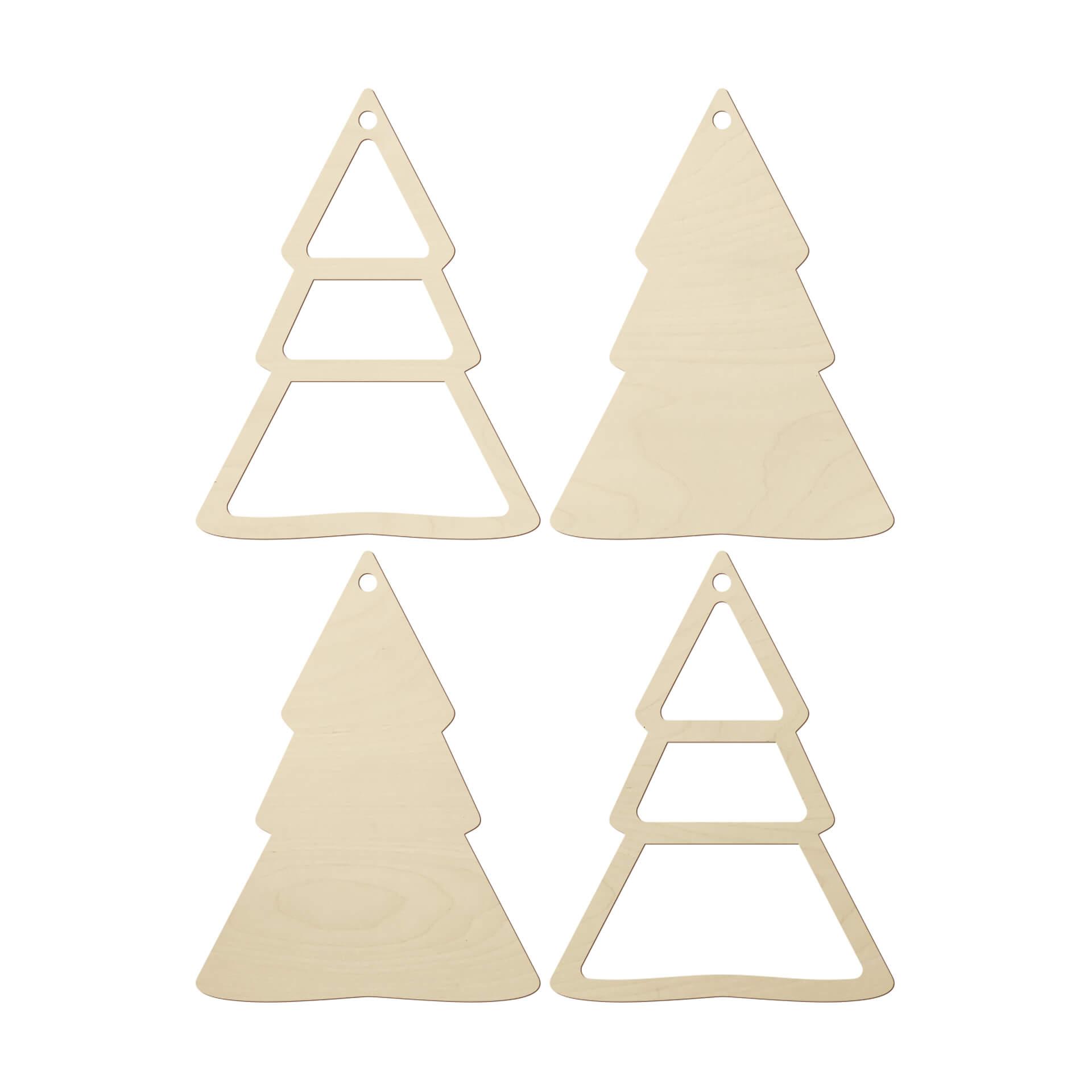 Decoración en madera - Colgante árbol de Navidad de madera de álamo (4 piezas) - 8x10 cm c/u