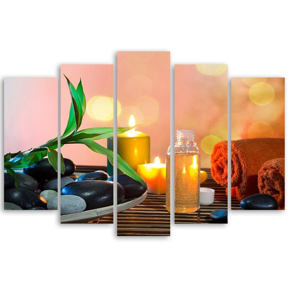 5 stykke lærredsprint, Zen Leaves Stones Candle