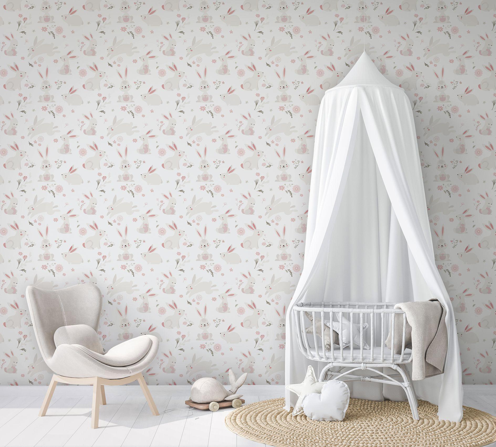 kinderbehang, vliesbehang met illustratie Kids Walls wit, roze