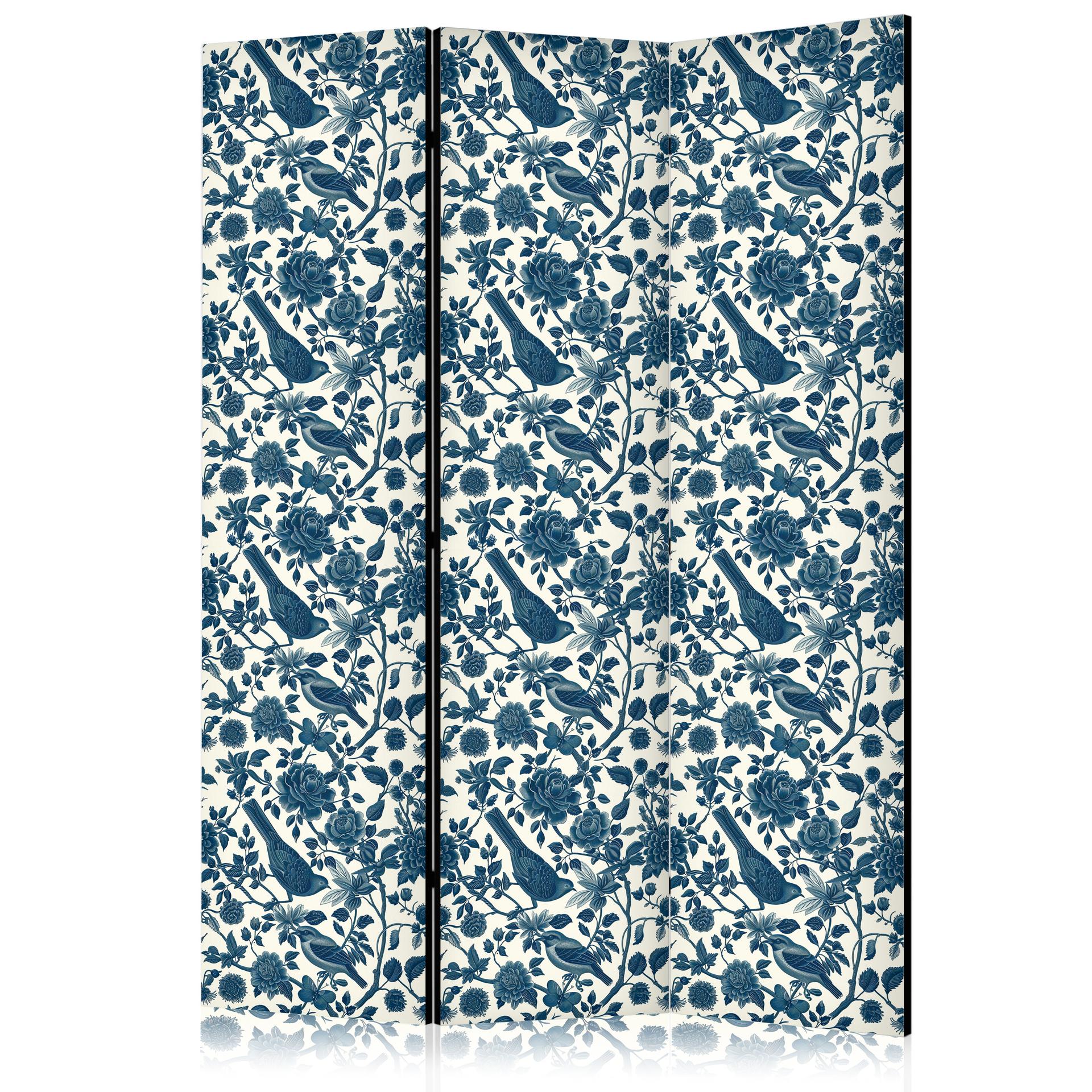 Paravent, Raumteiler freistehend, Trennwand - Rose Vines - Monochromatic Blue Birds Resting Among Ro