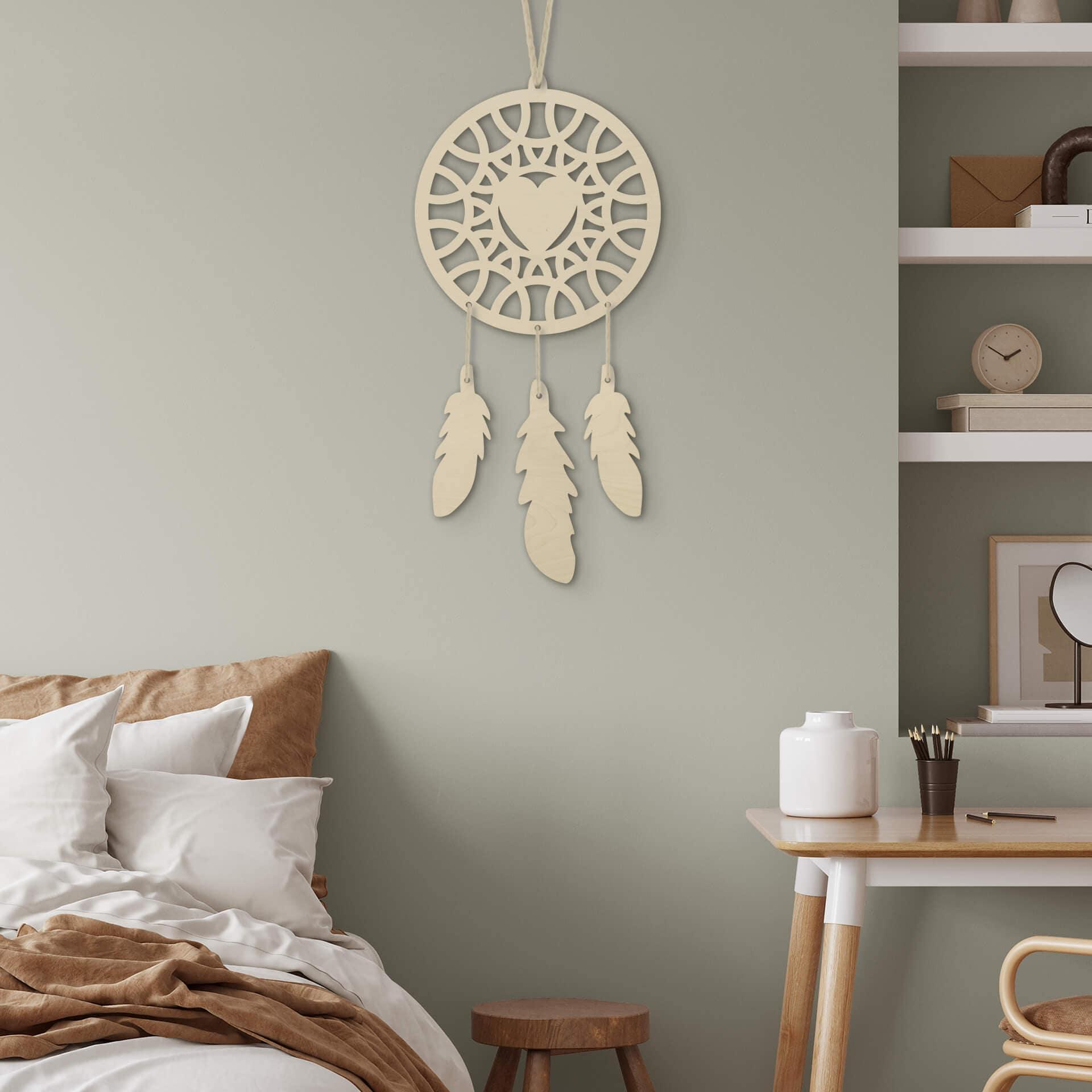Décoration en bois placage peuplier -  Attrape-rêves avec un cœur (4 pièces)