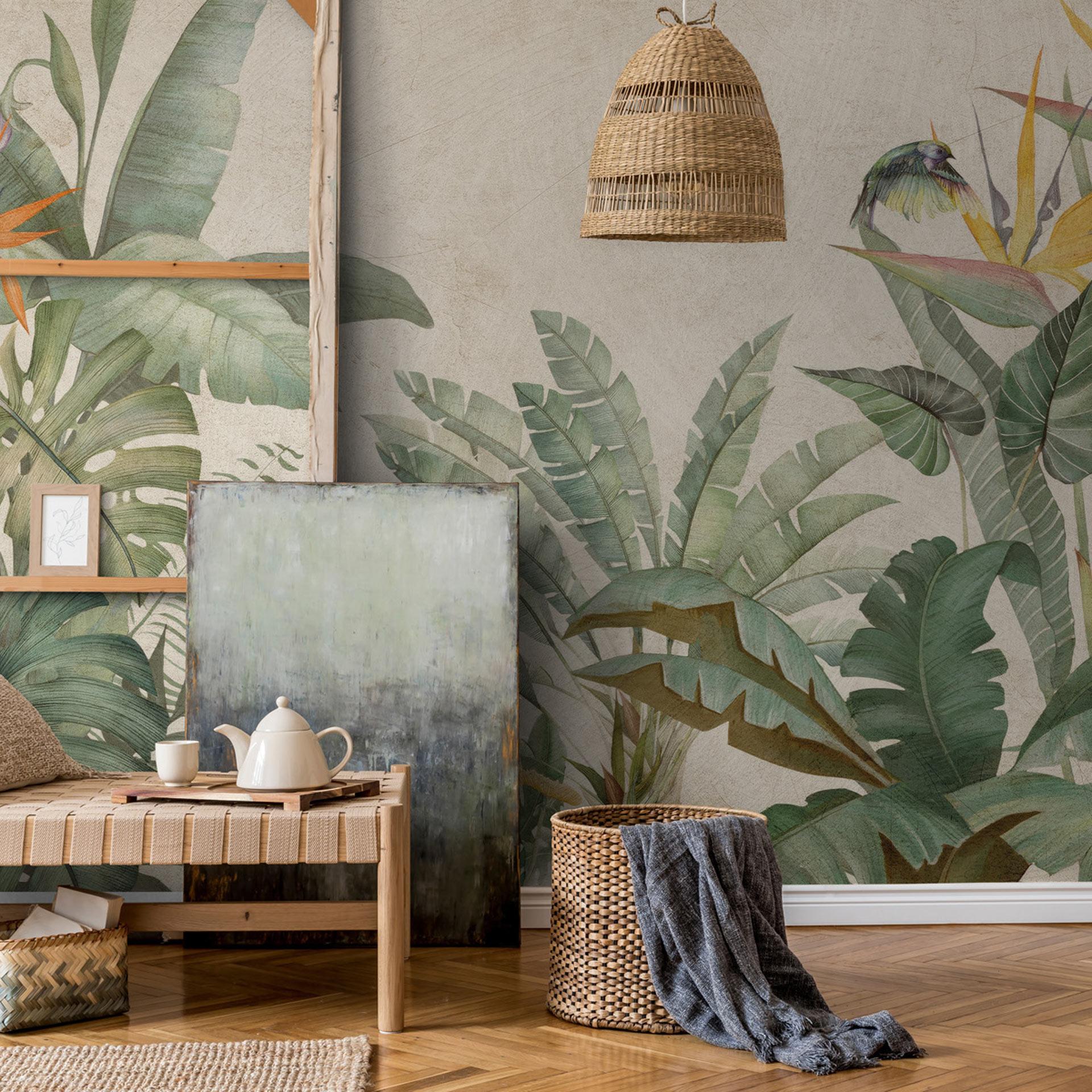 Tropiske blade vintage grøn beige 3,75 x 2,50 m - Ikke-vævet tapet botanisk stil