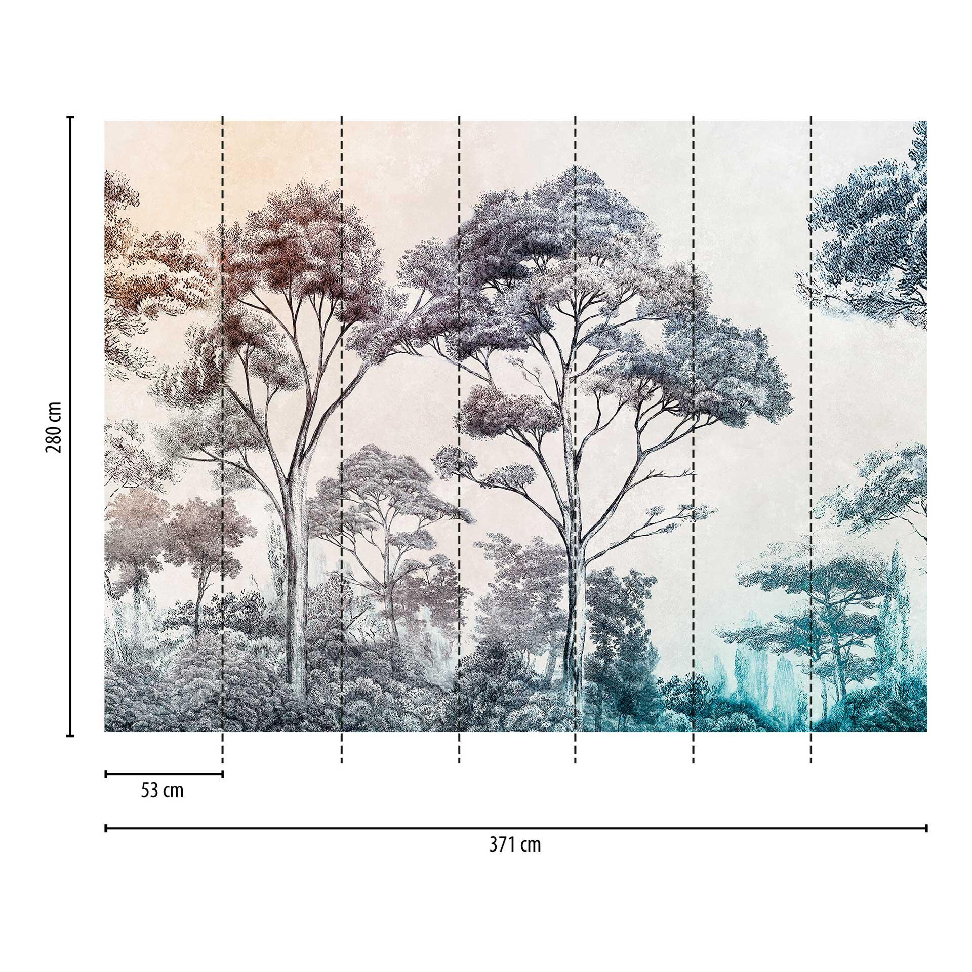 Kleurrijk bos behang - vliesbehang met boom illustratie voor woonkamer & slaapkamer