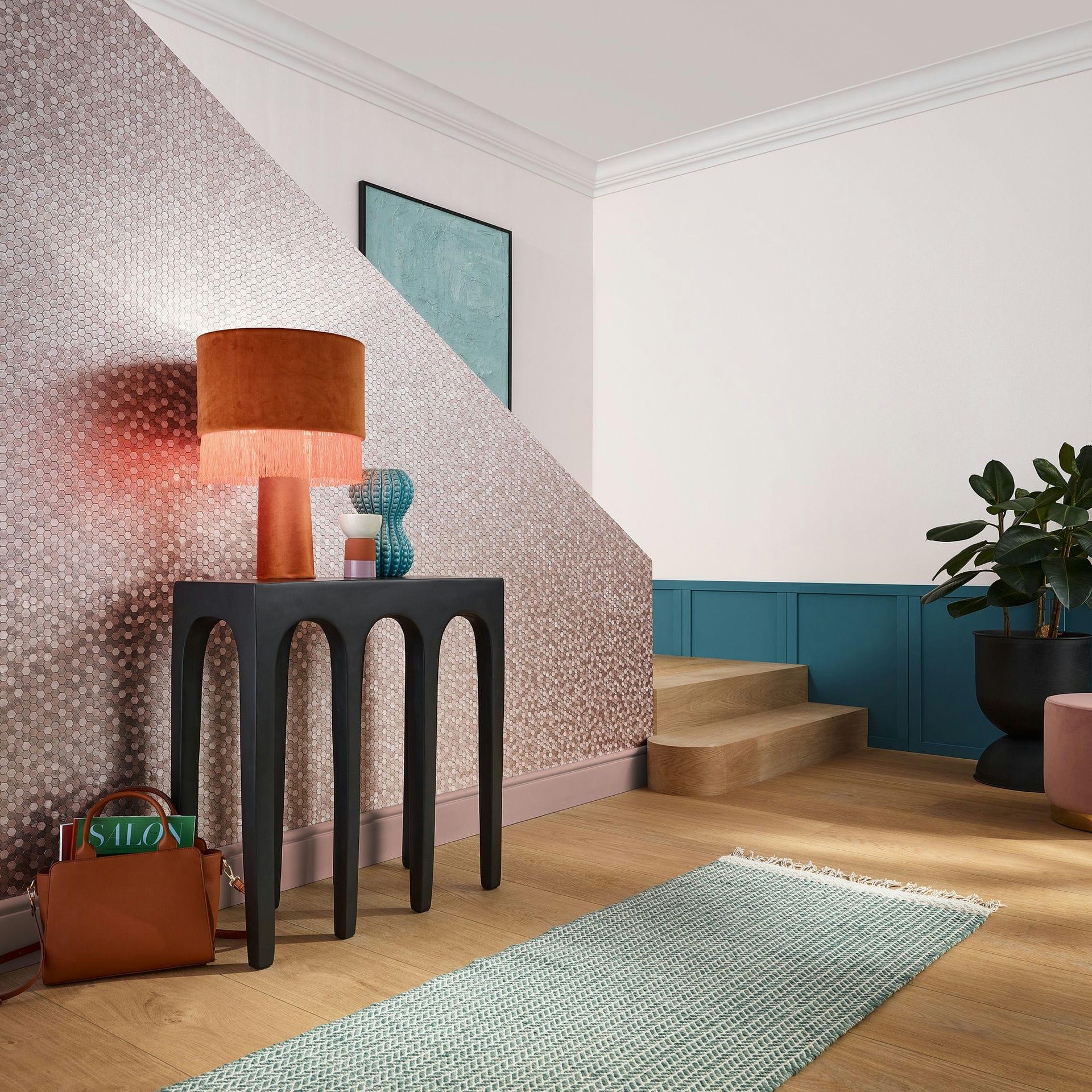 Ikke-vævet tapet sekskantet, metallisk fliseudseende moderne, geometrisk blankt i rosa-brun