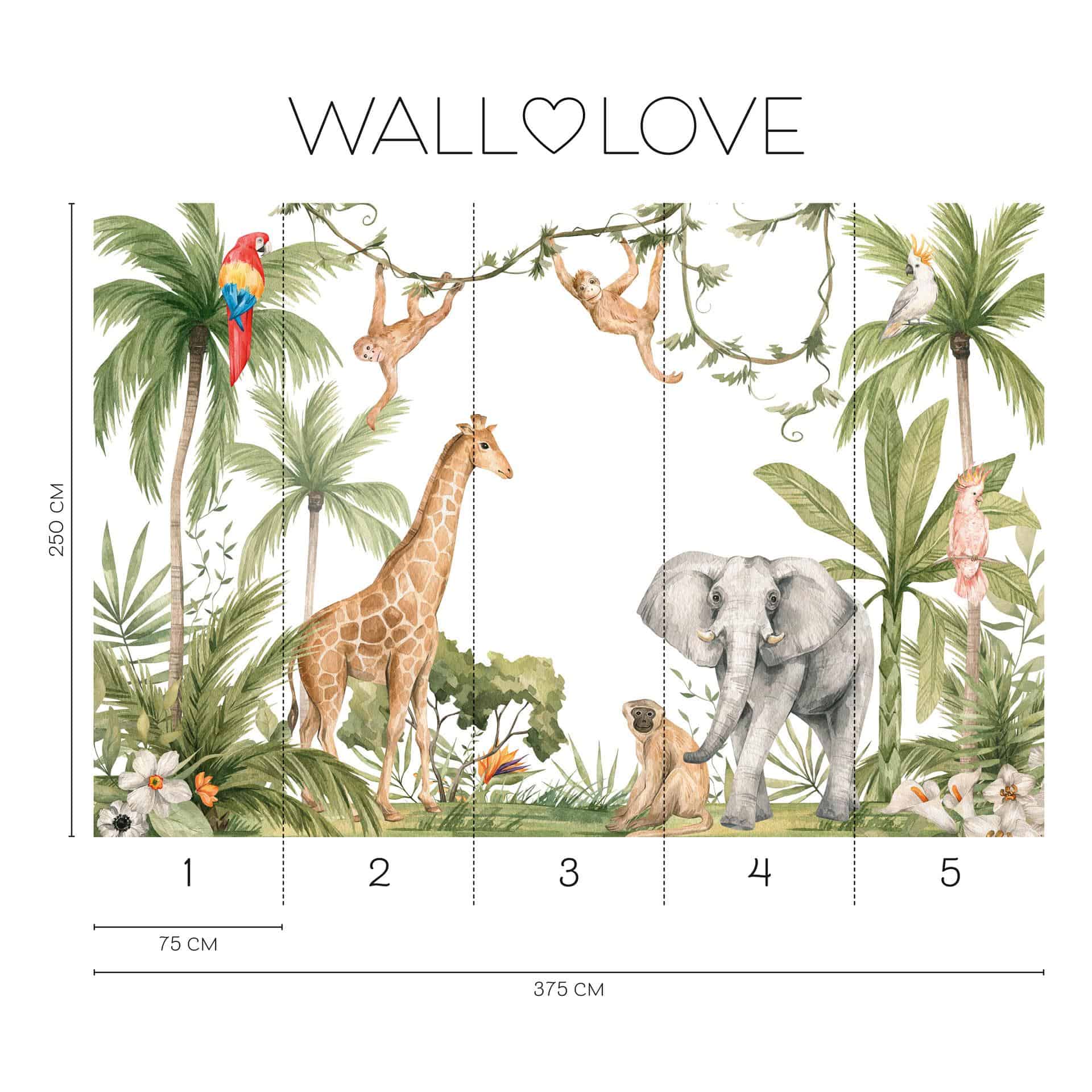 Animali della giungla verde bianco 3,75 x 2,50 m - Fotomurale per bambini in tessuto non tessuto tro