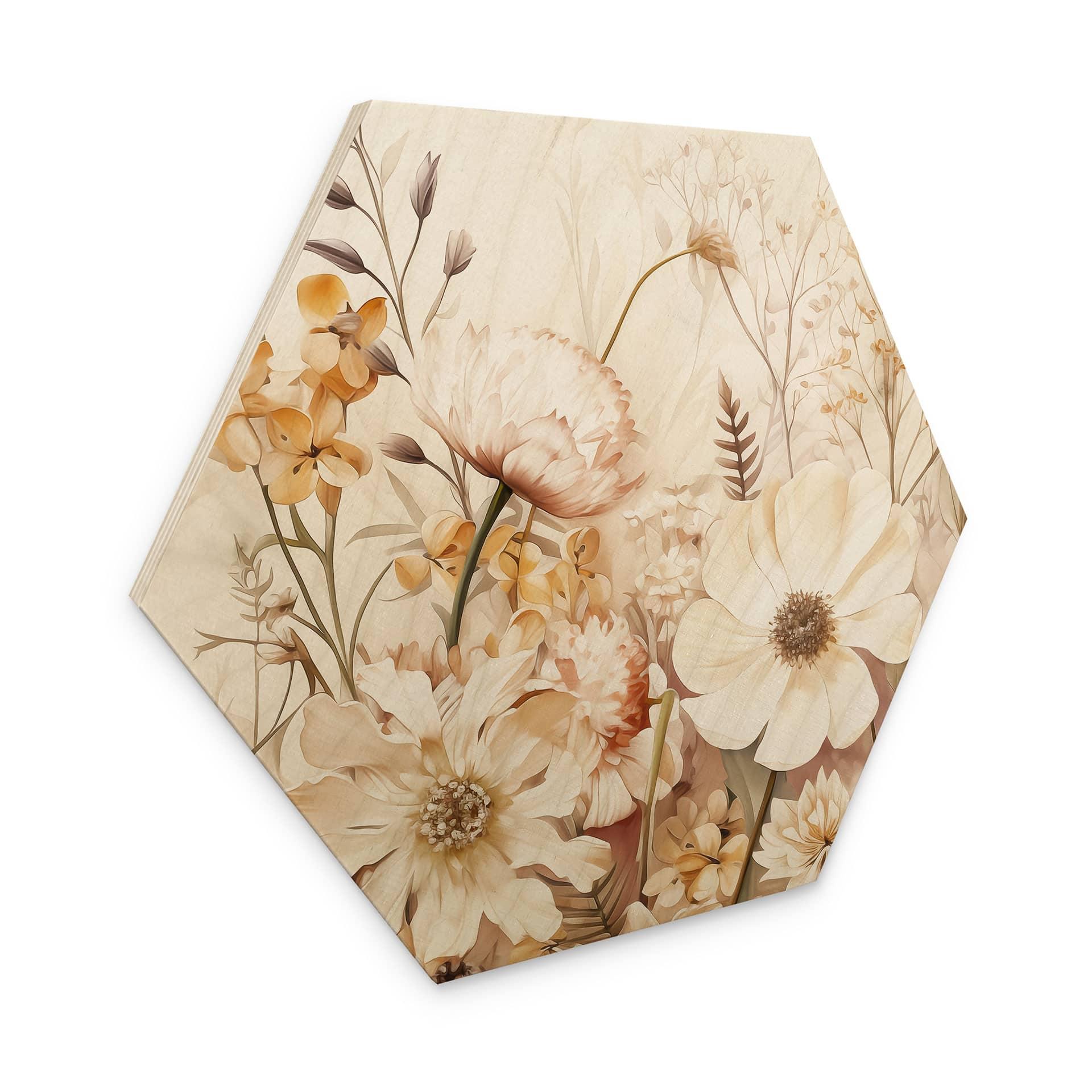 Sekskantet billede af træ Vintage blomster på engen - Lola Peacock