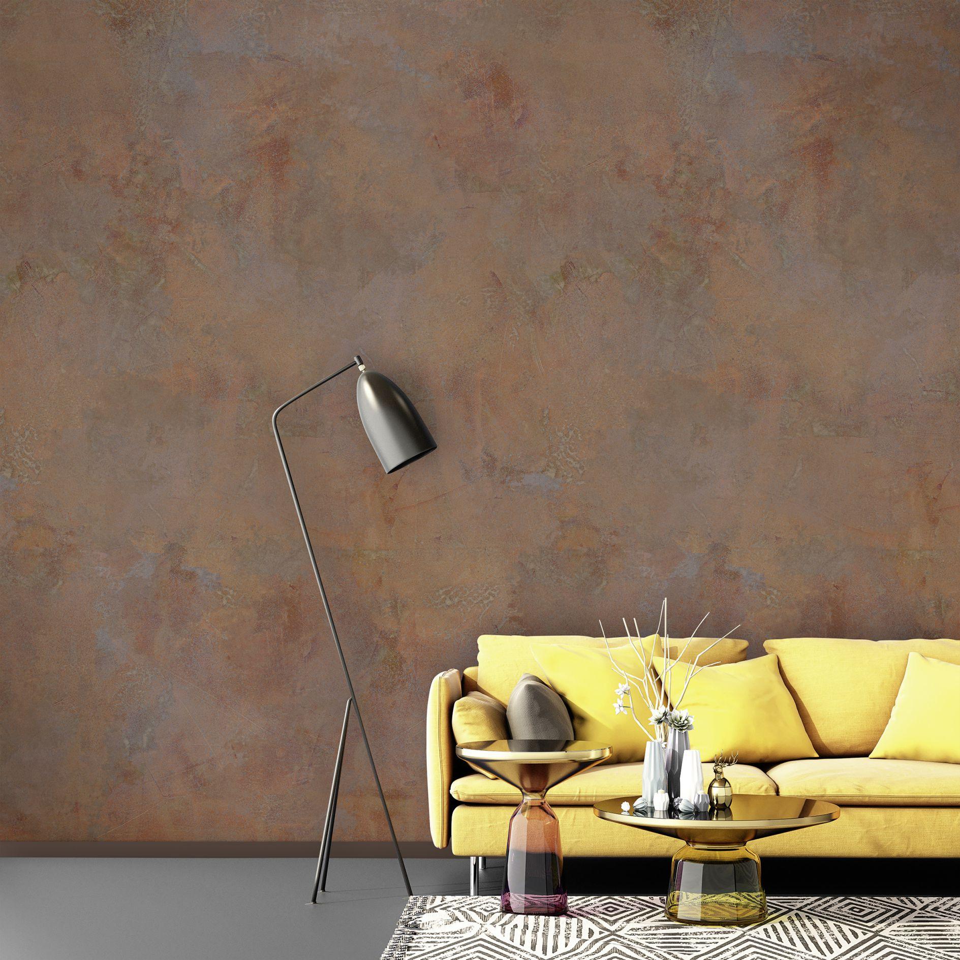 Fotomurale con motivo óxido textura mural en gris cálido y cobre 3,4 x 2,12 m