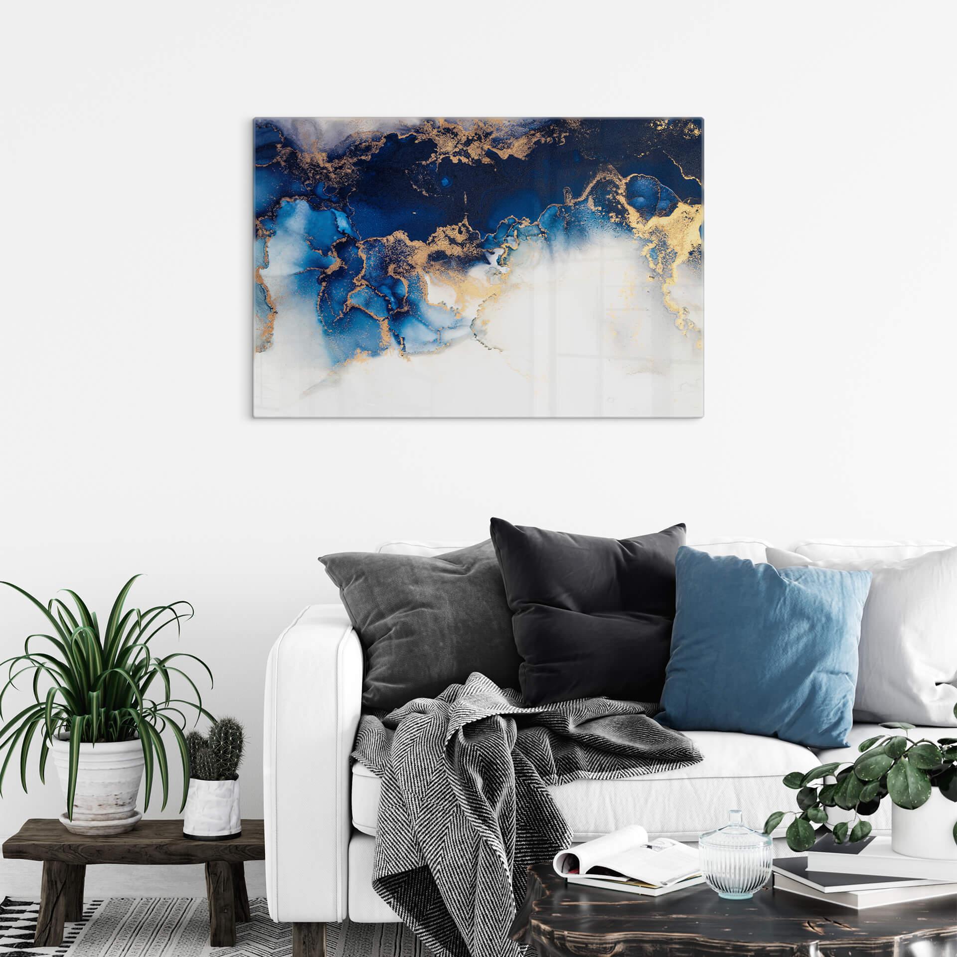 Glasschilderij Abstract Marmer Blauw en Goud