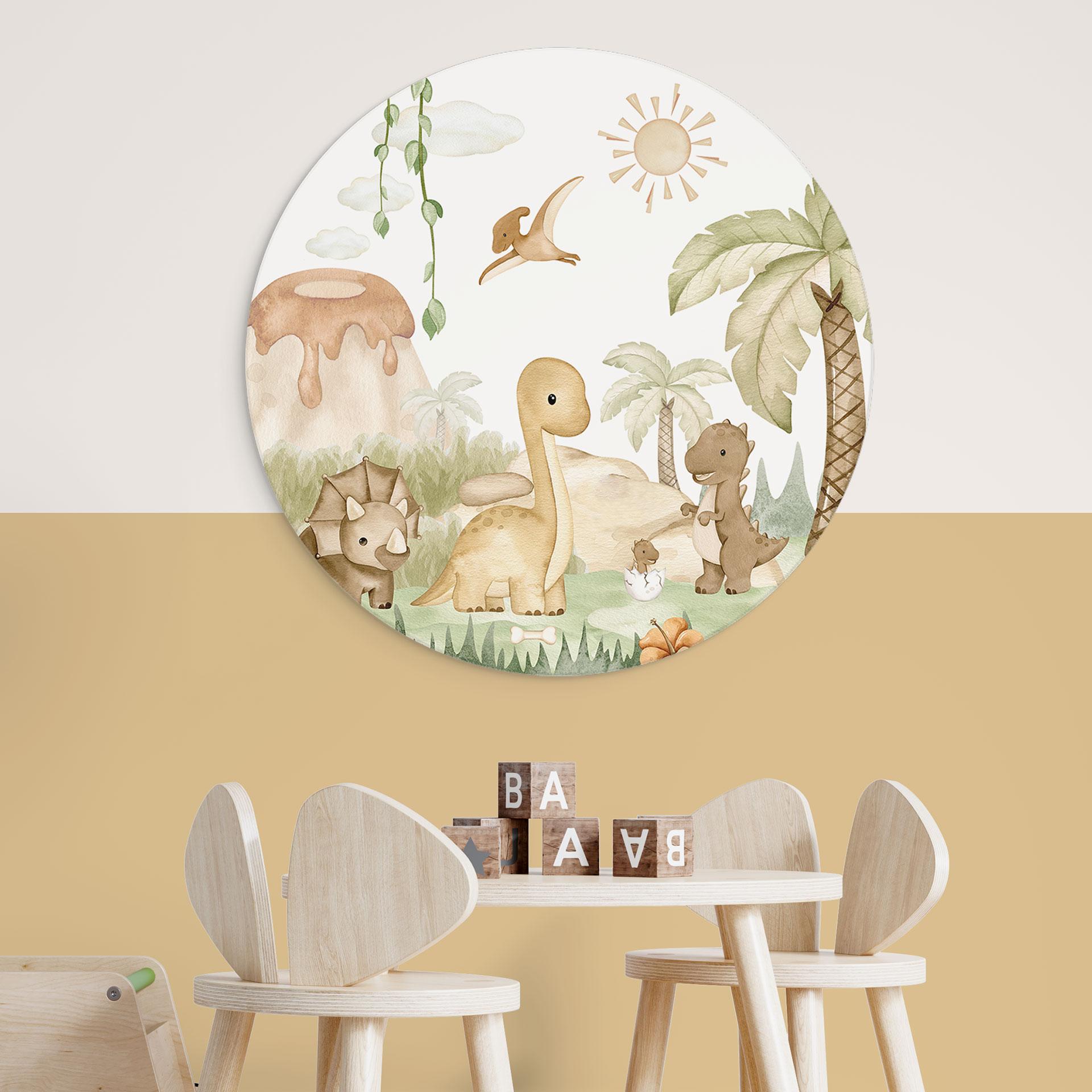 Wandbild Kleine Dinos auf großer Entdeckungsreise - Oliver Robins - Alu-Dibond Rund